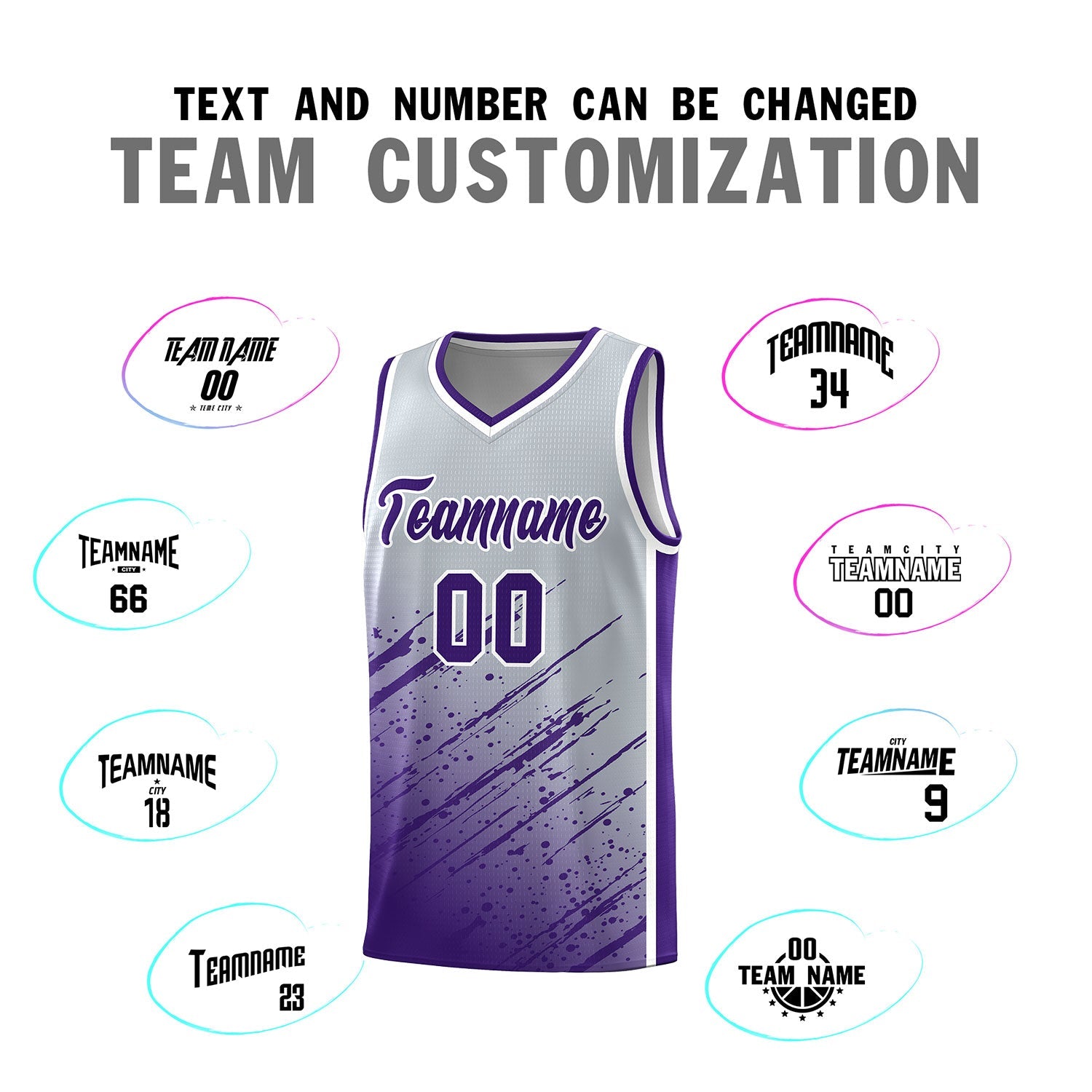 Custom Gray Basketball Kits With Purple Paint Graffiti