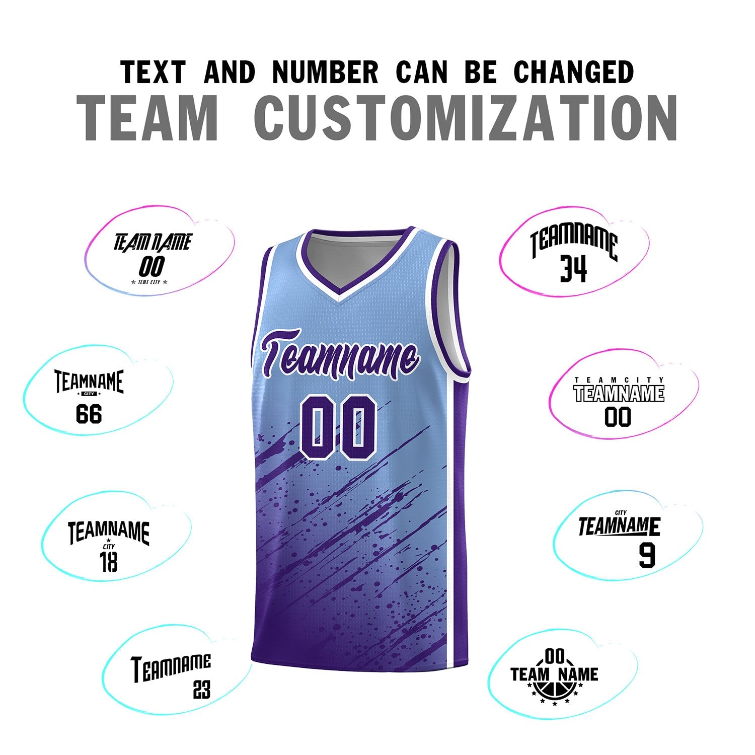 Custom Light Blue Basketball Kits With Purple Paint Graffiti