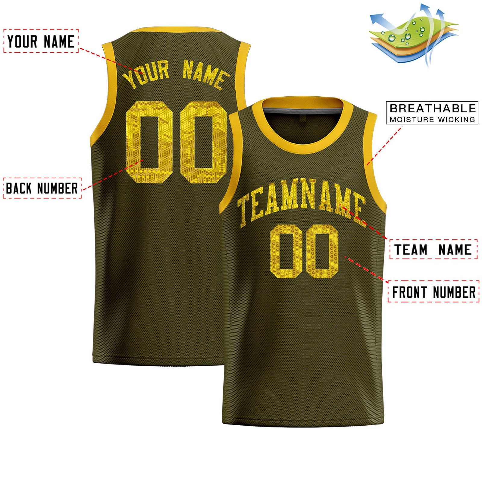 Custom Olive Sequined Tops Athletic Basketball Jersey