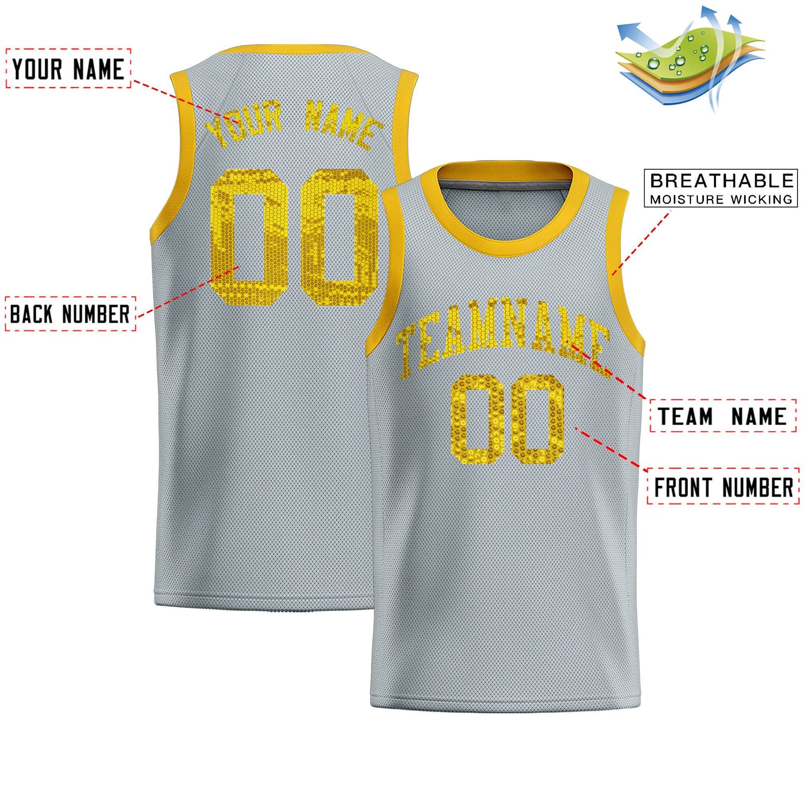 Custom Silver Sequined Tops Athletic Basketball Jersey