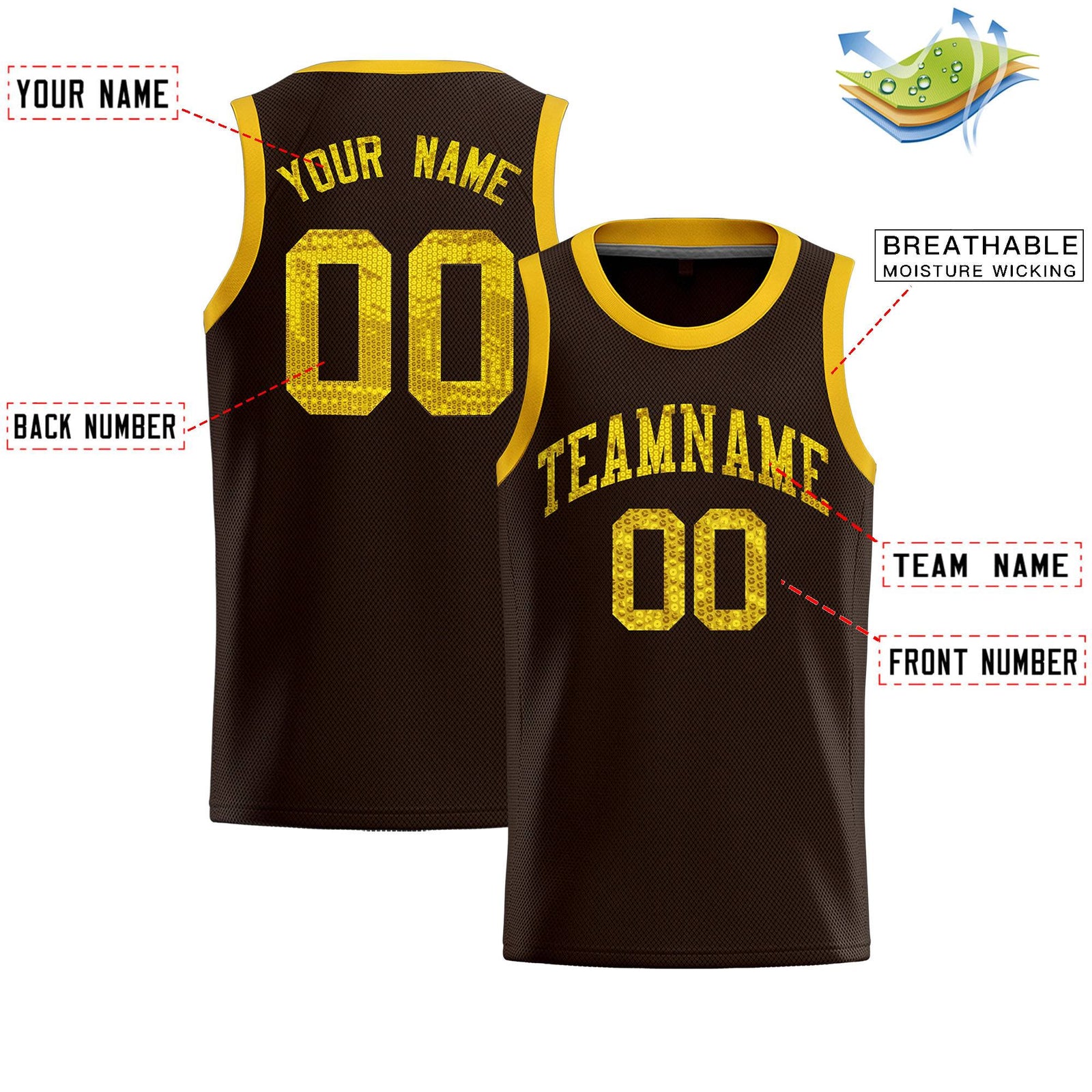Custom Brown Sequined Tops Athletic Basketball Jersey