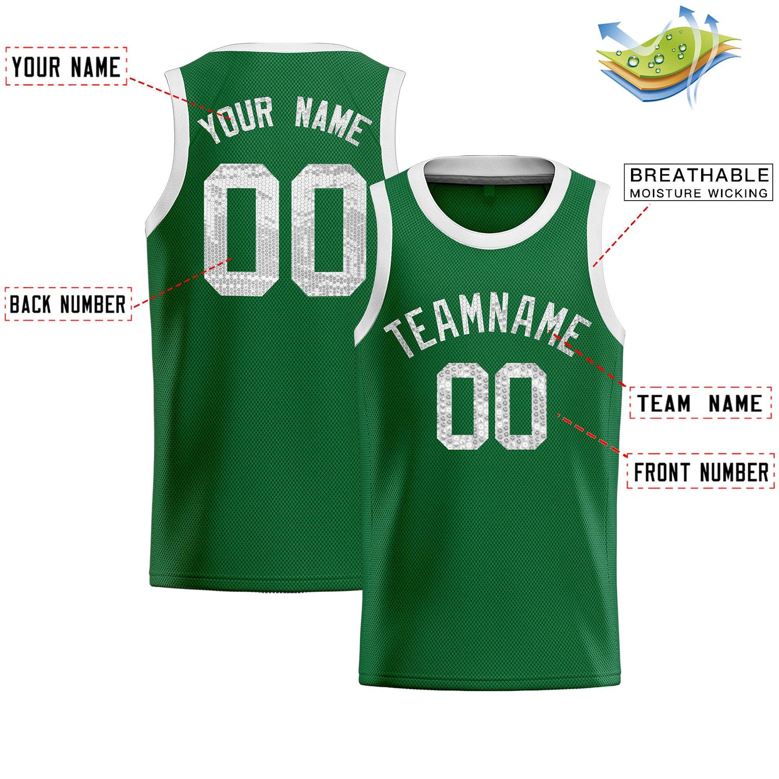 Custom Kelly Green Sequined Tops Athletic Basketball Jersey