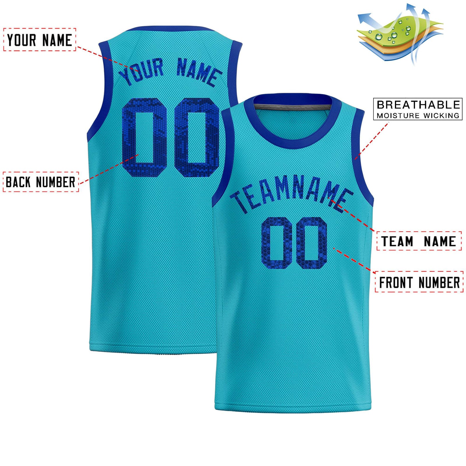 Custom Sky Blue Sequined Tops Athletic Basketball Jersey