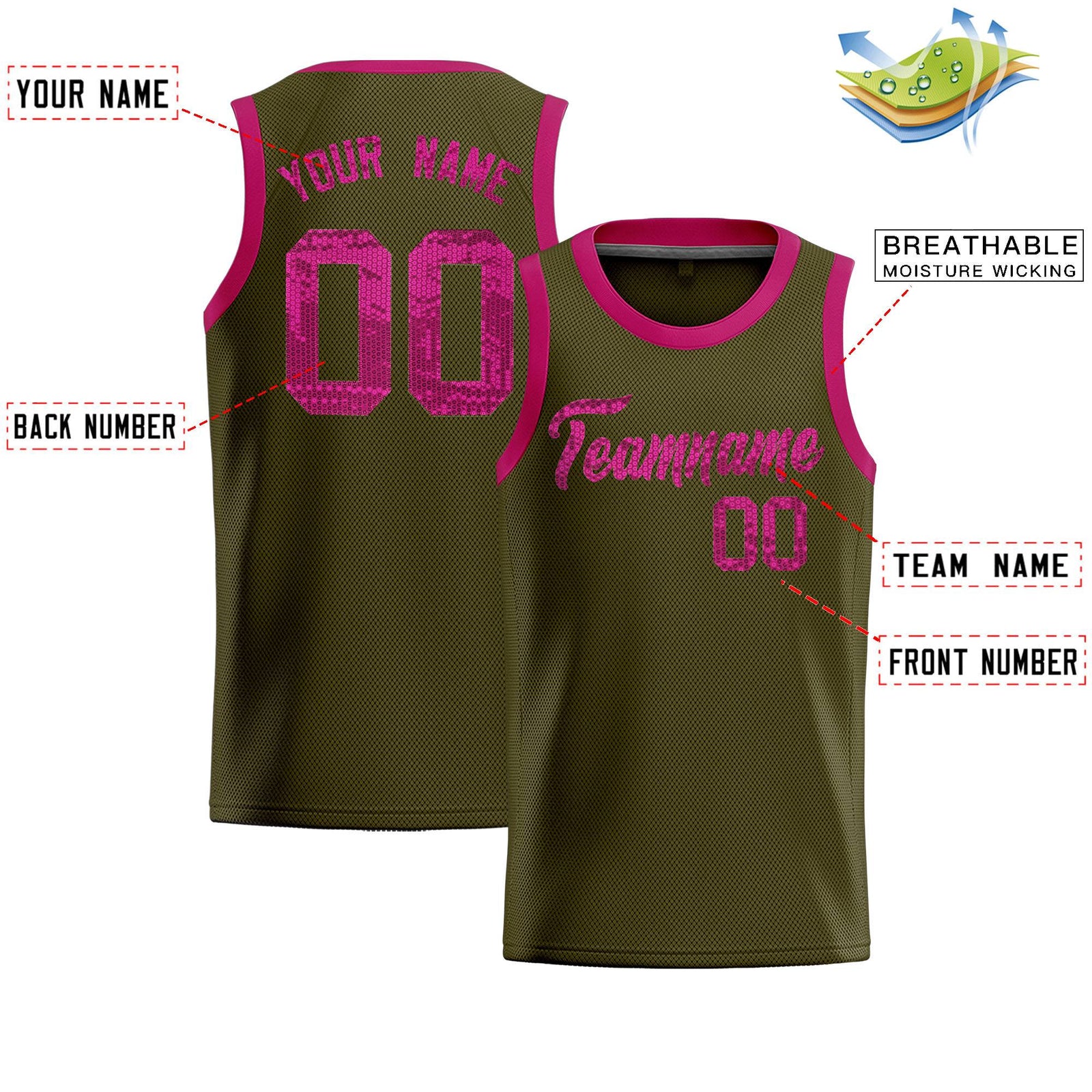 Custom Olive Sequined Tops Athletic Basketball Jersey