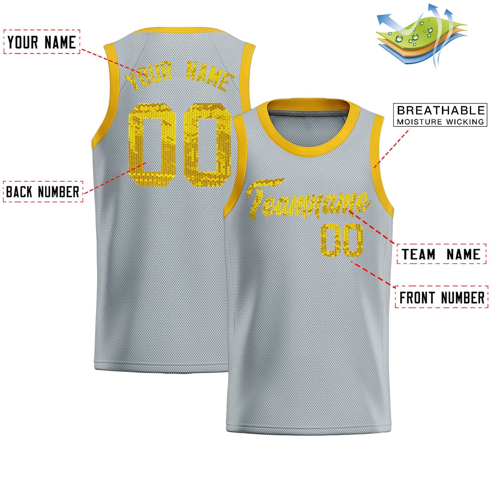 Custom Silver Sequined Tops Athletic Basketball Jersey