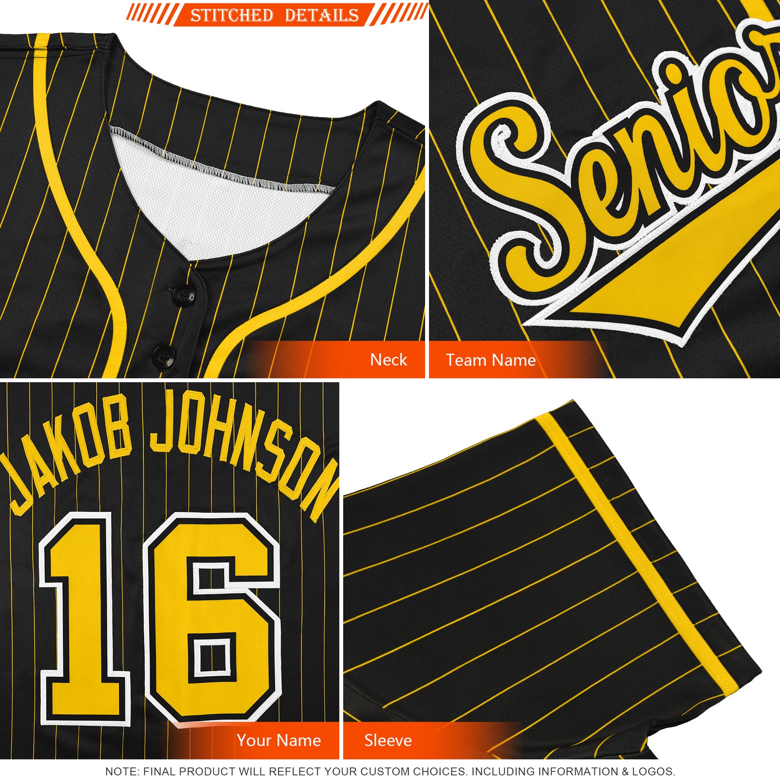 Custom Black Yellow Stripe Fashion Design Full Button Authentic Baseball Jersey