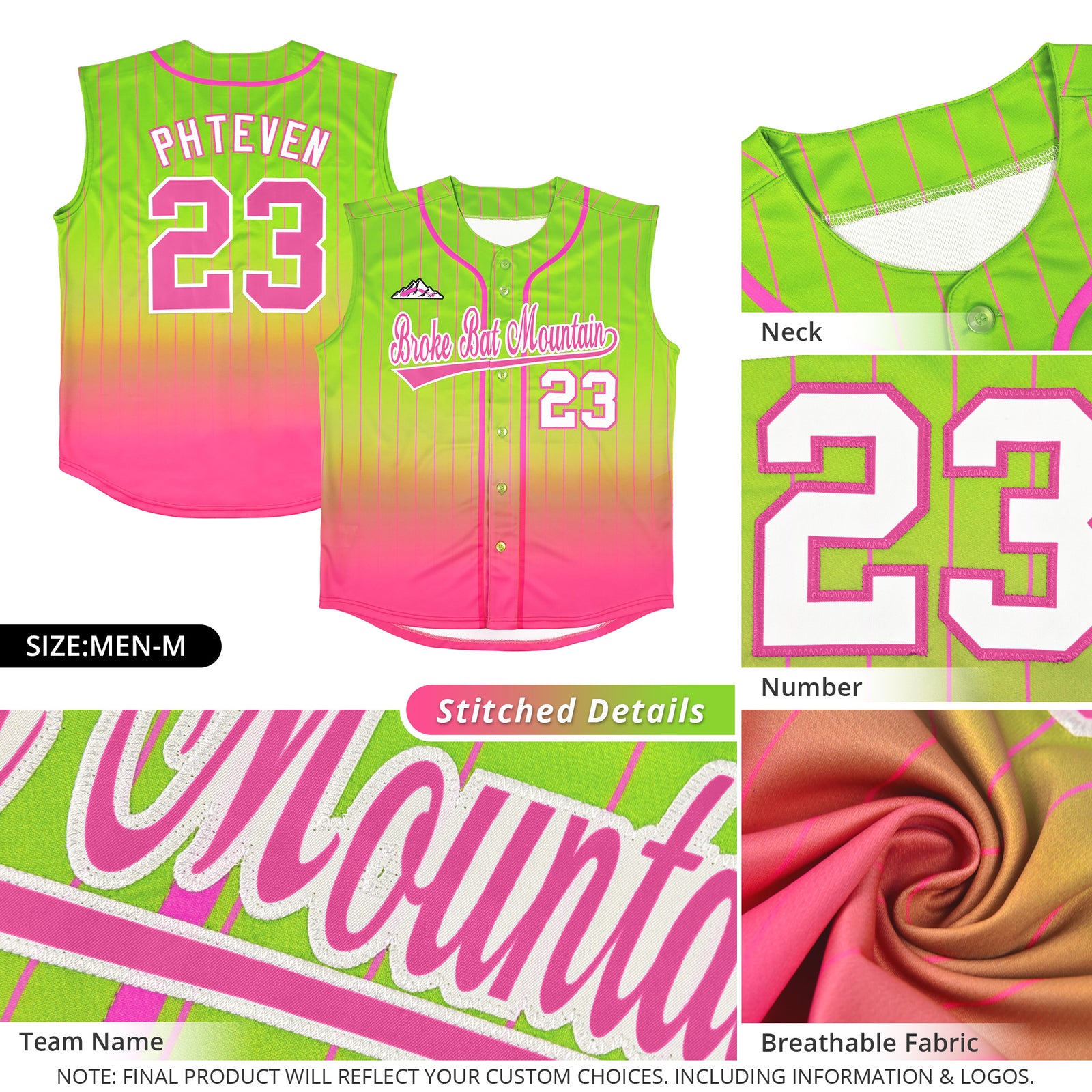 Custom Neon Green Pink Gradient stripe Fashion Authentic Sleeveless Baseball Jersey