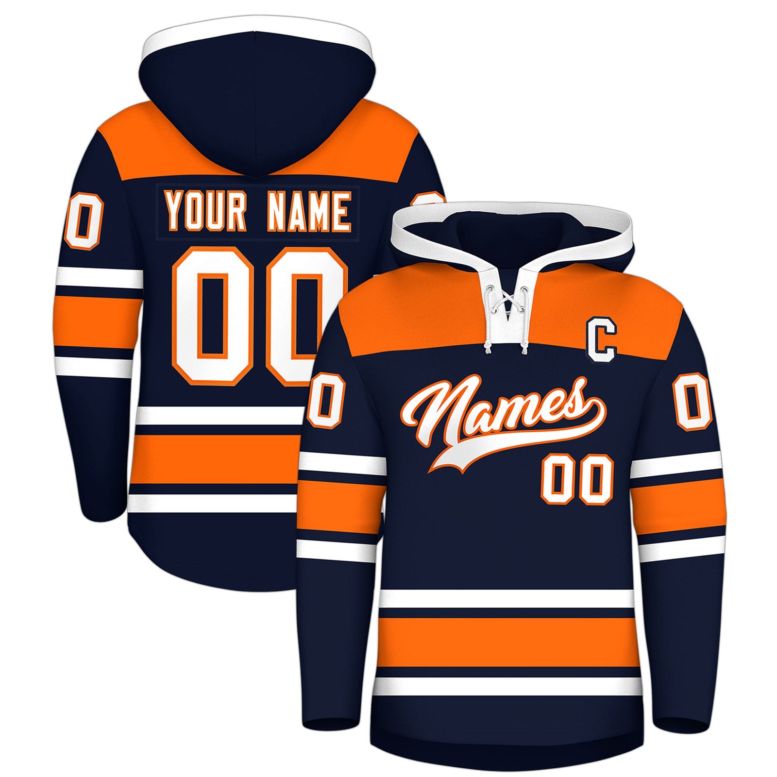 Custom Hockey Hoodie Jersey Navy Orange Raglan Sleeves Lace-Up Neck Personal Name & Number & Logo