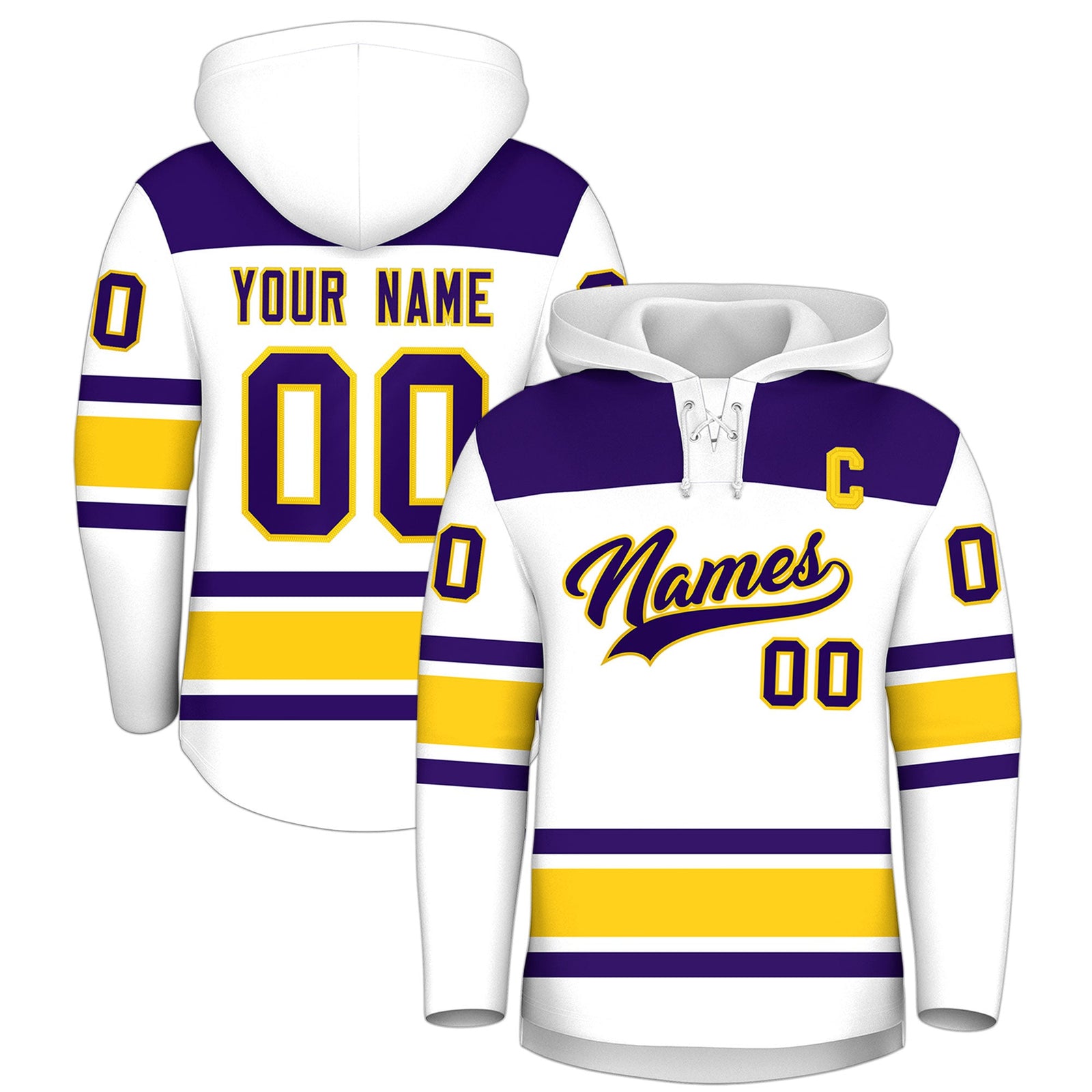 Custom Hockey Hoodie Jersey White Gold Raglan Sleeves Lace-Up Neck Personal Name & Number & Logo