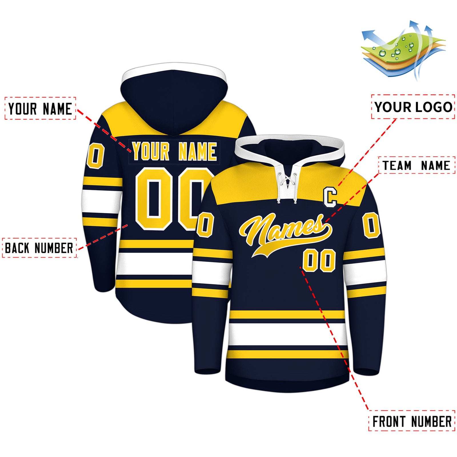 Custom Hockey Hoodie Jersey Navy Gold Raglan Sleeves Lace-Up Neck Personal Name & Number & Logo