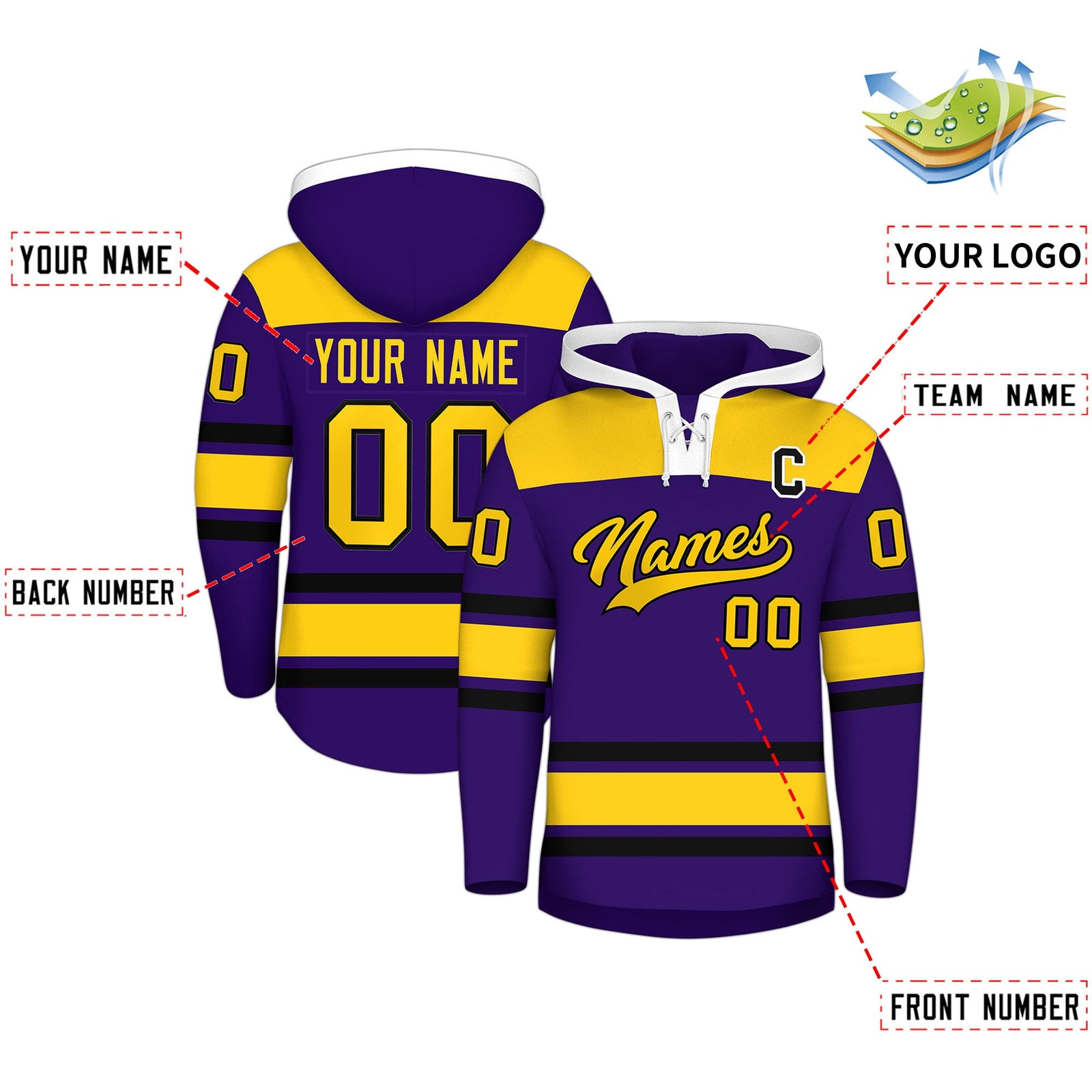 Custom Hockey Hoodie Jersey Purple Gold Raglan Sleeves Lace-Up Neck Personal Name & Number & Logo