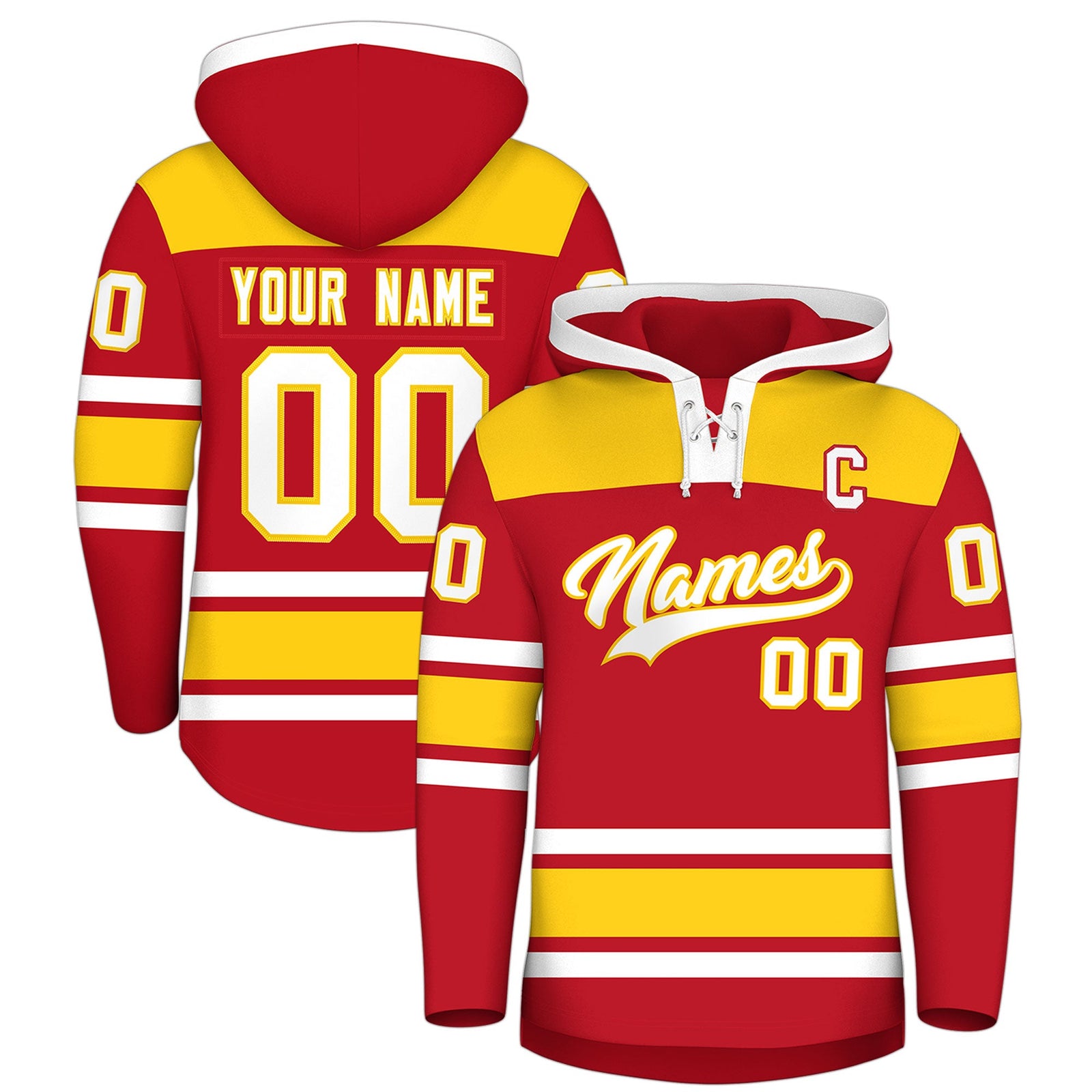 Custom Hockey Hoodie Jersey Red Gold Raglan Sleeves Lace-Up Neck Personalized Jersey for Men & Youth