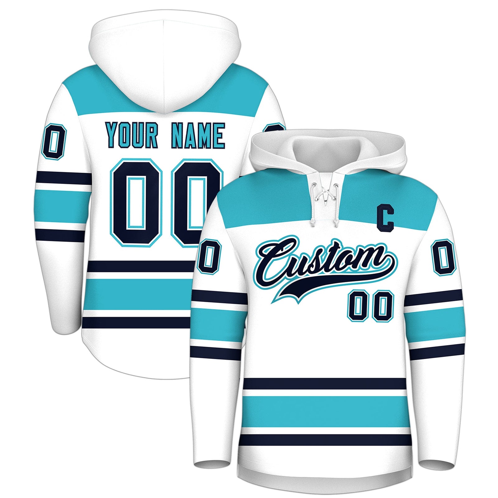 Custom Hockey Hoodie Jersey White Sky Blue Raglan Sleeves Lace-Up Neck Personalized Jersey for Men & Youth