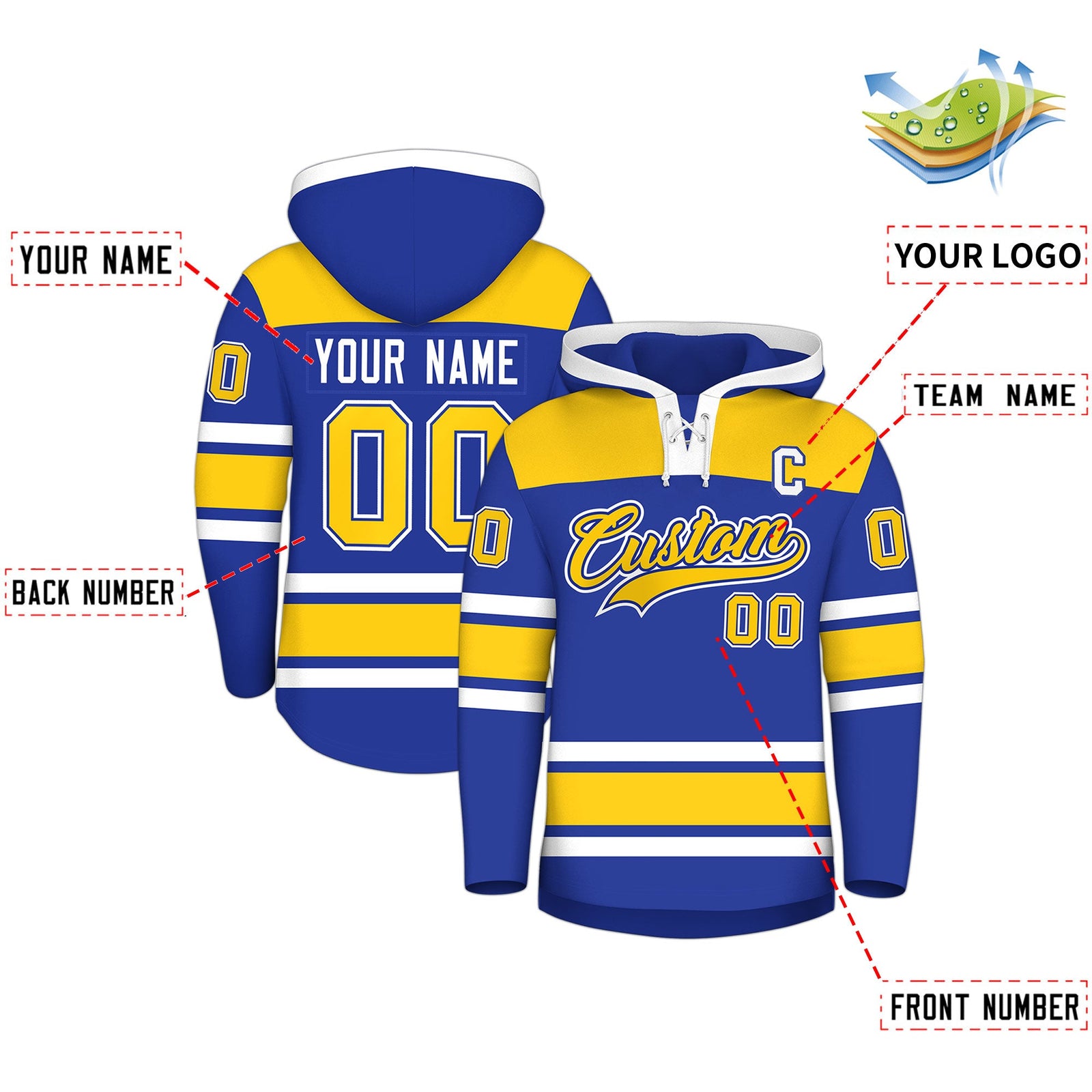 Custom Hockey Hoodie Jersey Royal Blue Gold Raglan Sleeves Lace-Up Neck Personal Name & Number & Logo