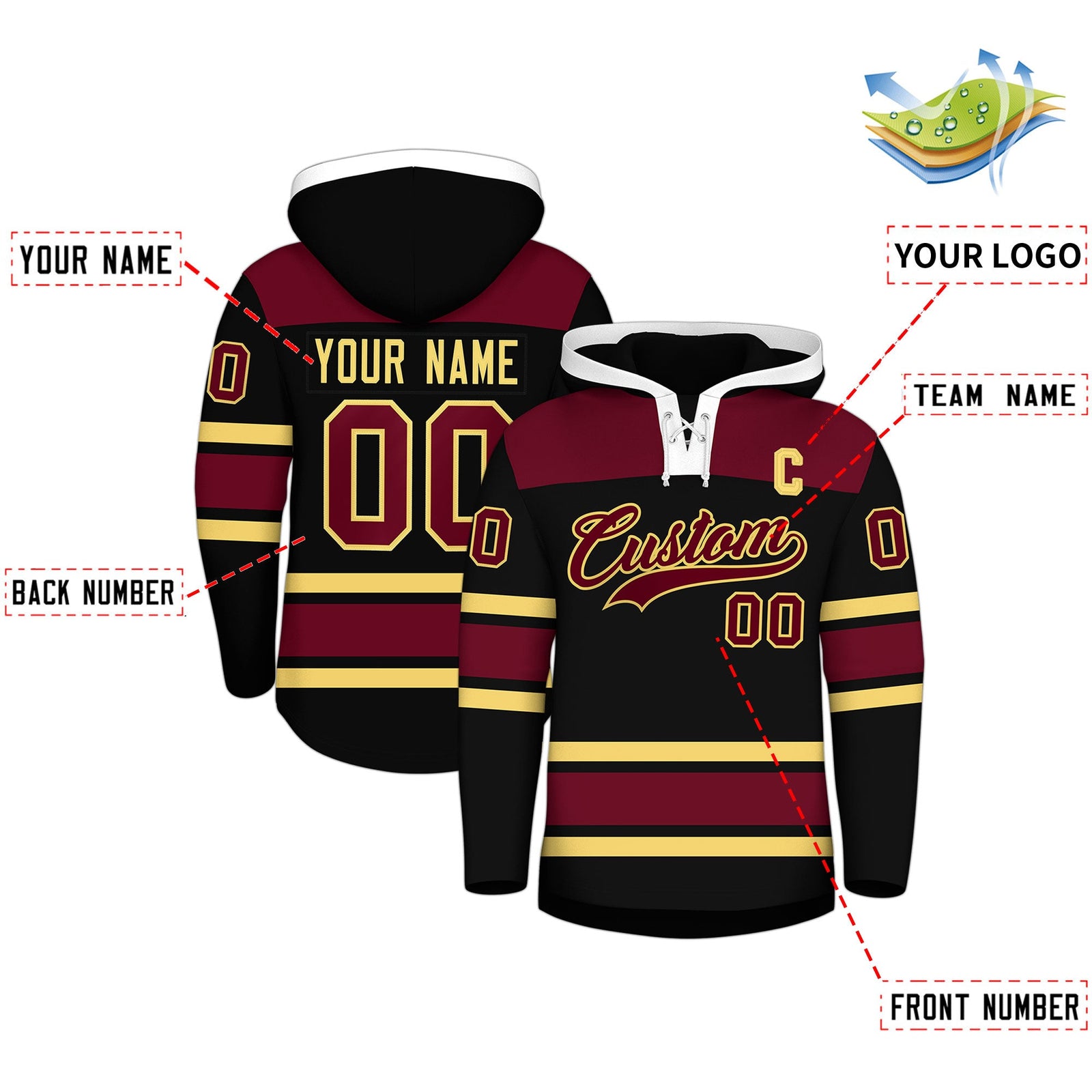 Custom Hockey Hoodie Jersey Black Crimson Raglan Sleeves Lace-Up Neck Personalized Jersey for Men & Youth