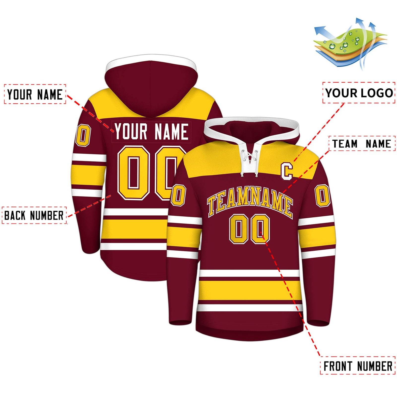 Custom Hockey Hoodie Jersey Crimson Gold Raglan Sleeves Lace-Up Neck Personalized Jersey for Men & Youth
