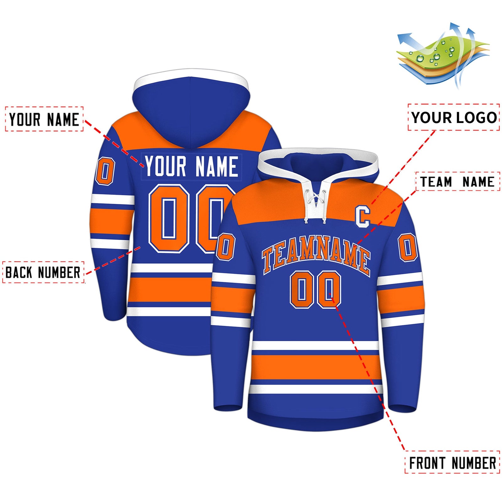 Custom Hockey Hoodie Jersey Royal Blue Orange Raglan Sleeves Lace-Up Neck Personal Name & Number & Logo