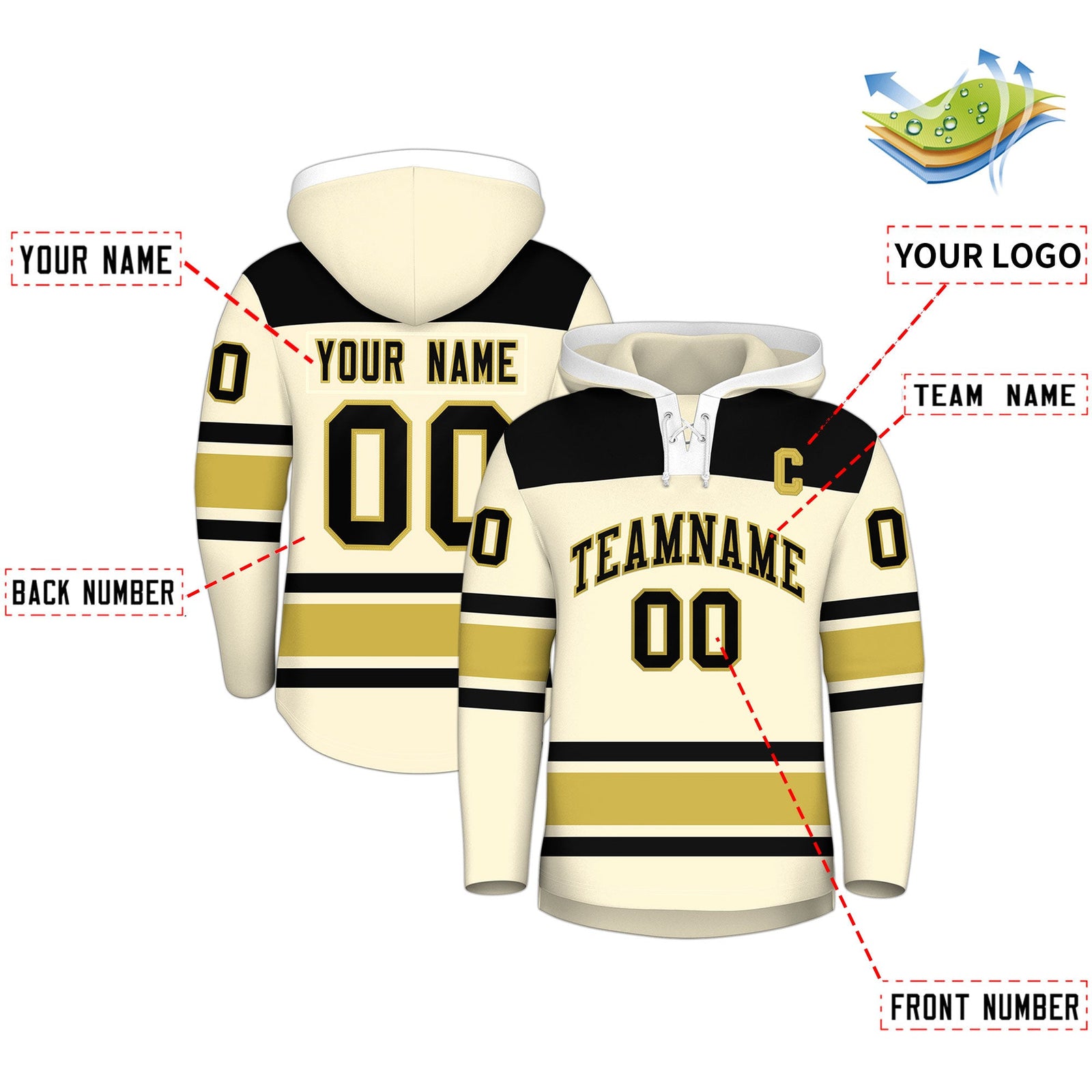 Custom Hockey Hoodie Jersey Cream Old Gold Raglan Sleeves Lace-Up Neck Personal Name & Number & Logo