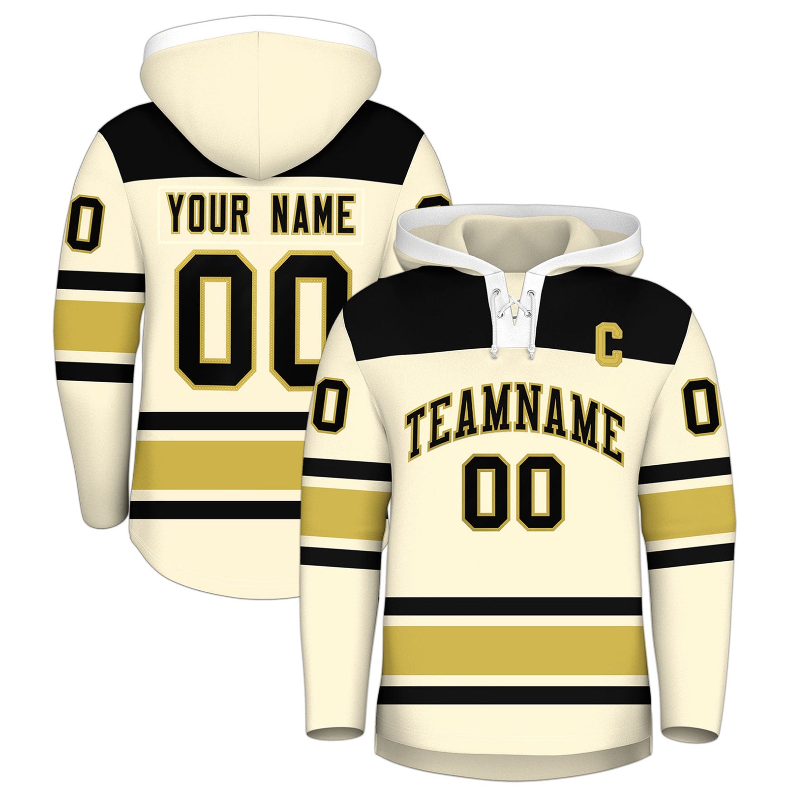 Custom Hockey Hoodie Jersey Cream Old Gold Raglan Sleeves Lace-Up Neck Personal Name & Number & Logo