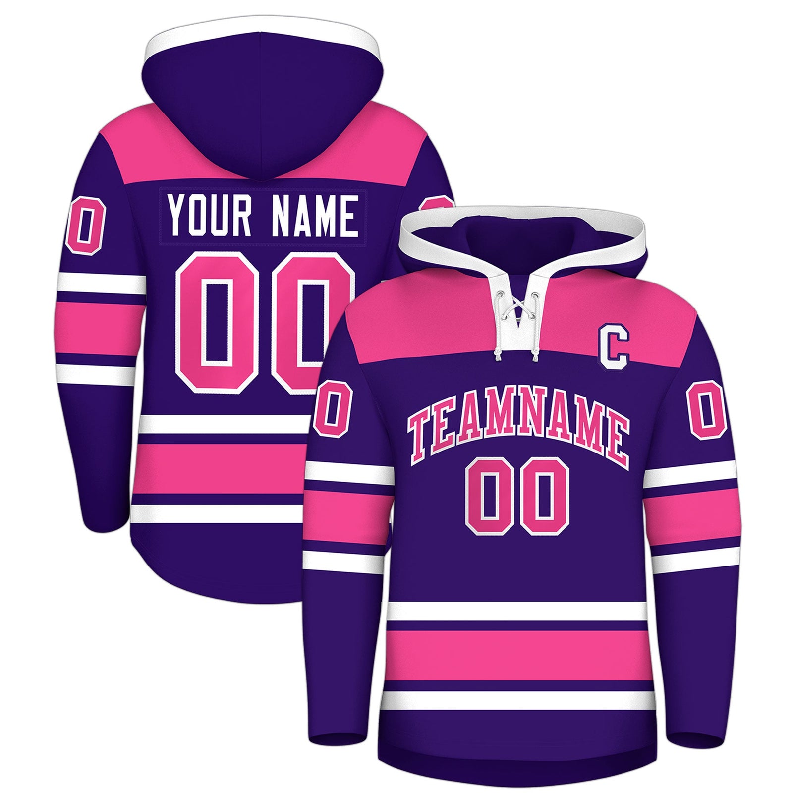 Custom Hockey Hoodie Jersey Purple Pink Raglan Sleeves Lace-Up Neck Classic Team Colors Hoodie