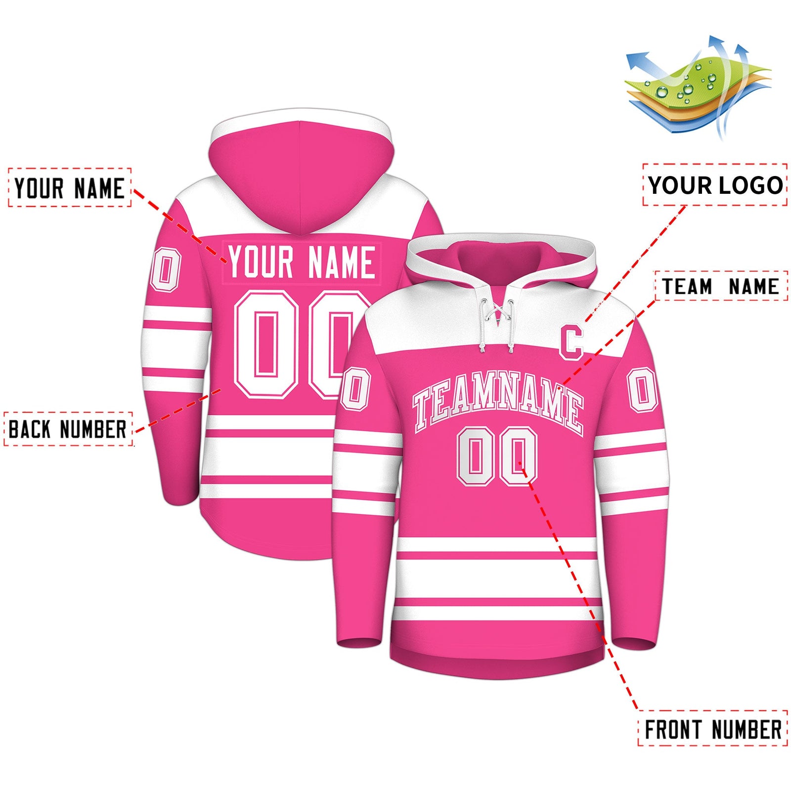 Custom Hockey Hoodie Jersey Pink White Raglan Sleeves Lace-Up Neck Personalized Jersey for Men & Youth