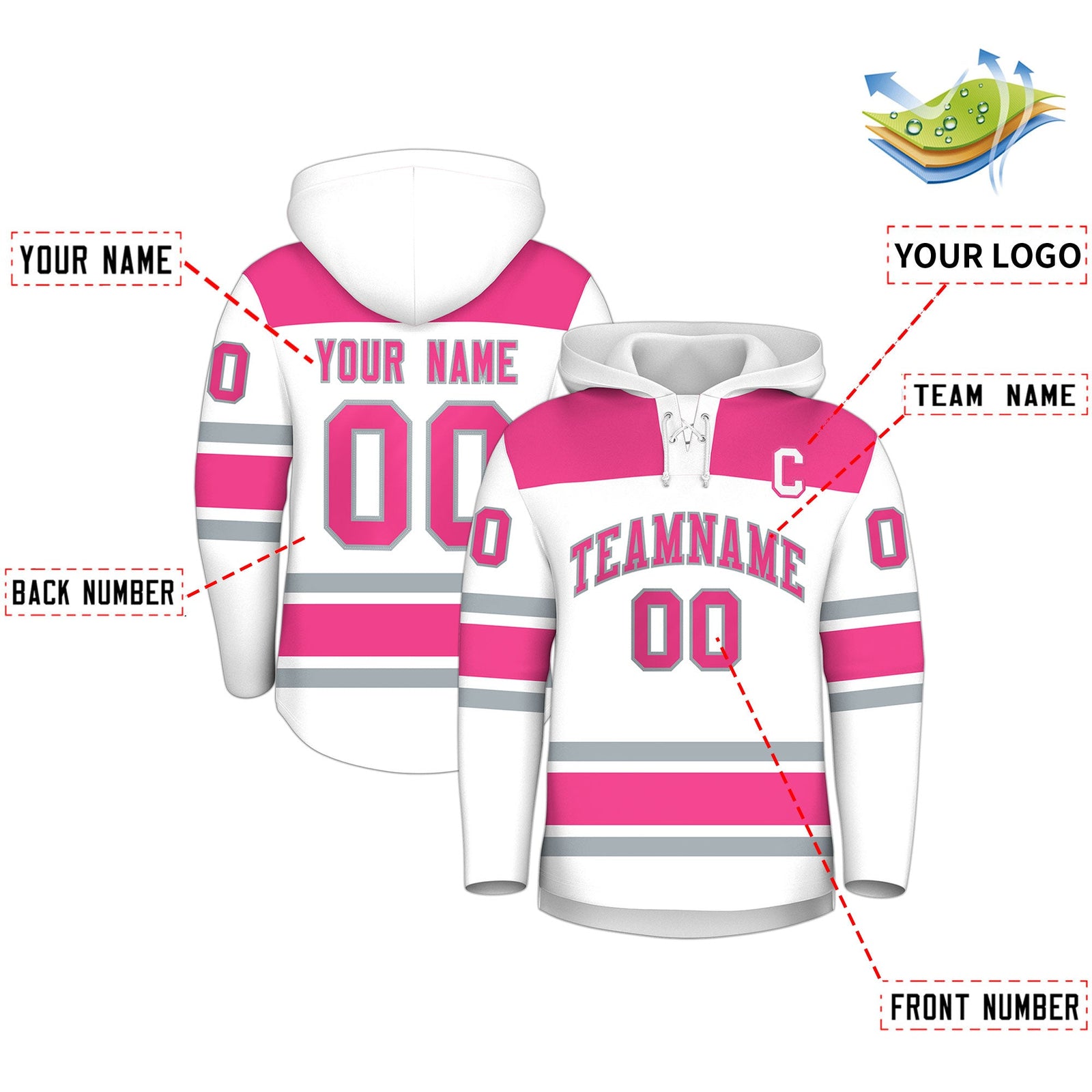Custom Hockey Hoodie Jersey White Pink Raglan Sleeves Lace-Up Neck Personal Name & Number & Logo