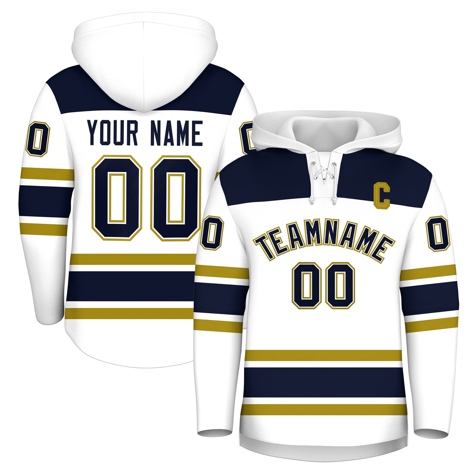 Custom Hockey Hoodie Jersey White Navy Raglan Sleeves Lace-Up Neck Personal Name & Number & Logo