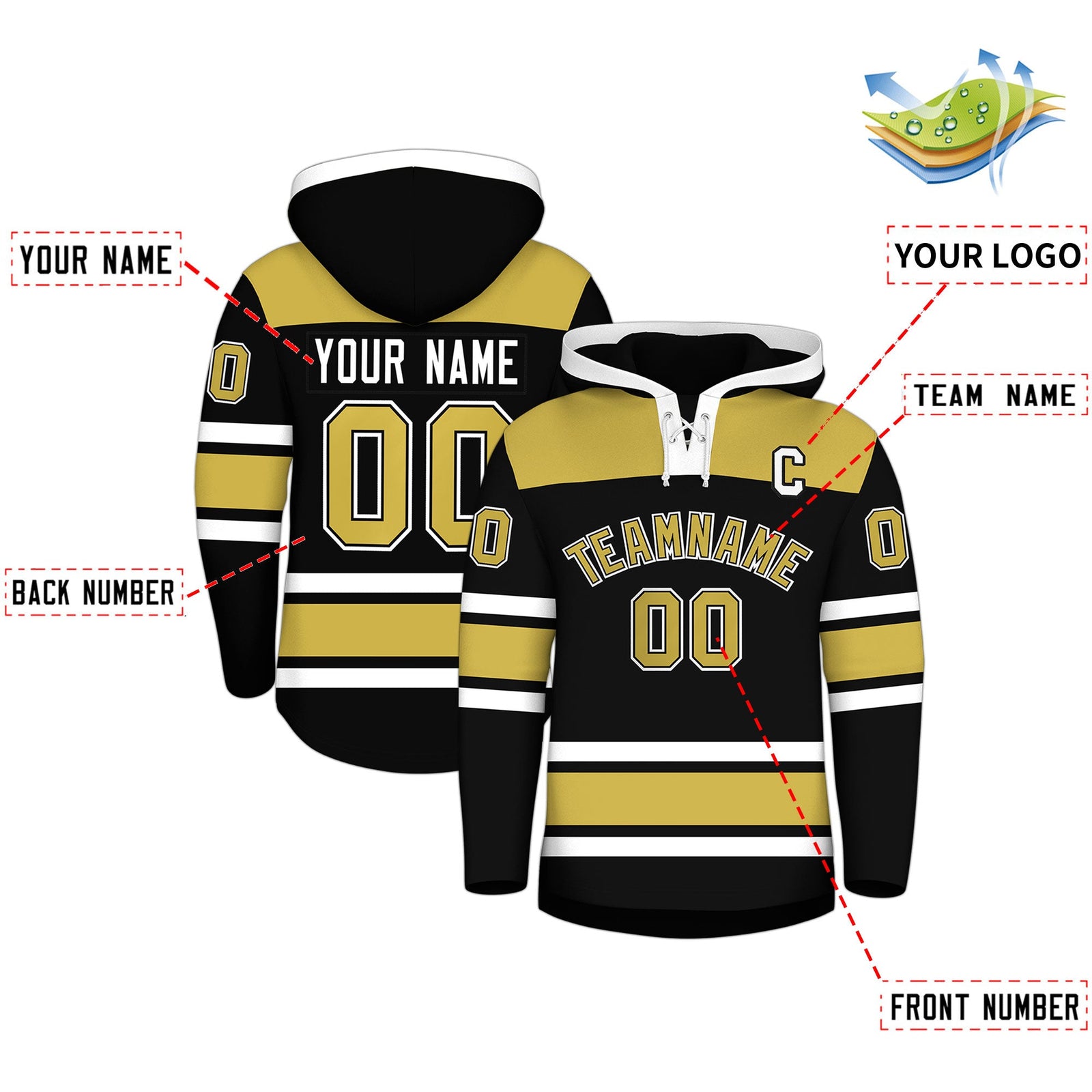 Custom Hockey Hoodie Jersey Black Old Gold Raglan Sleeves Lace-Up Neck Personal Name & Number & Logo