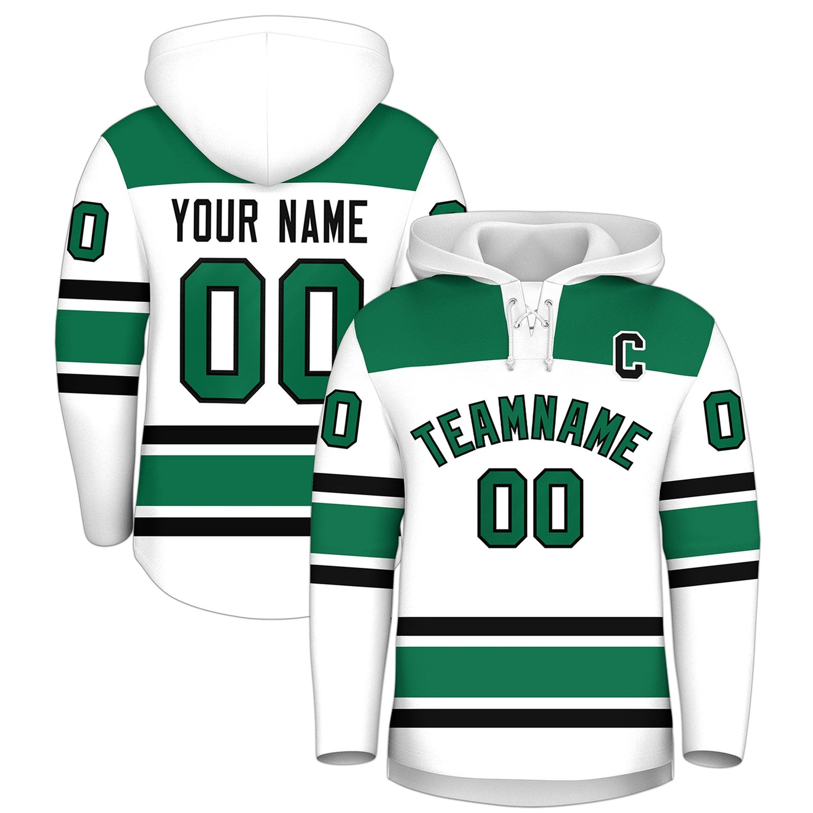 Custom Hockey Hoodie Jersey White Kelly Green Raglan Sleeves Lace-Up Neck Personalized Jersey for Men & Youth