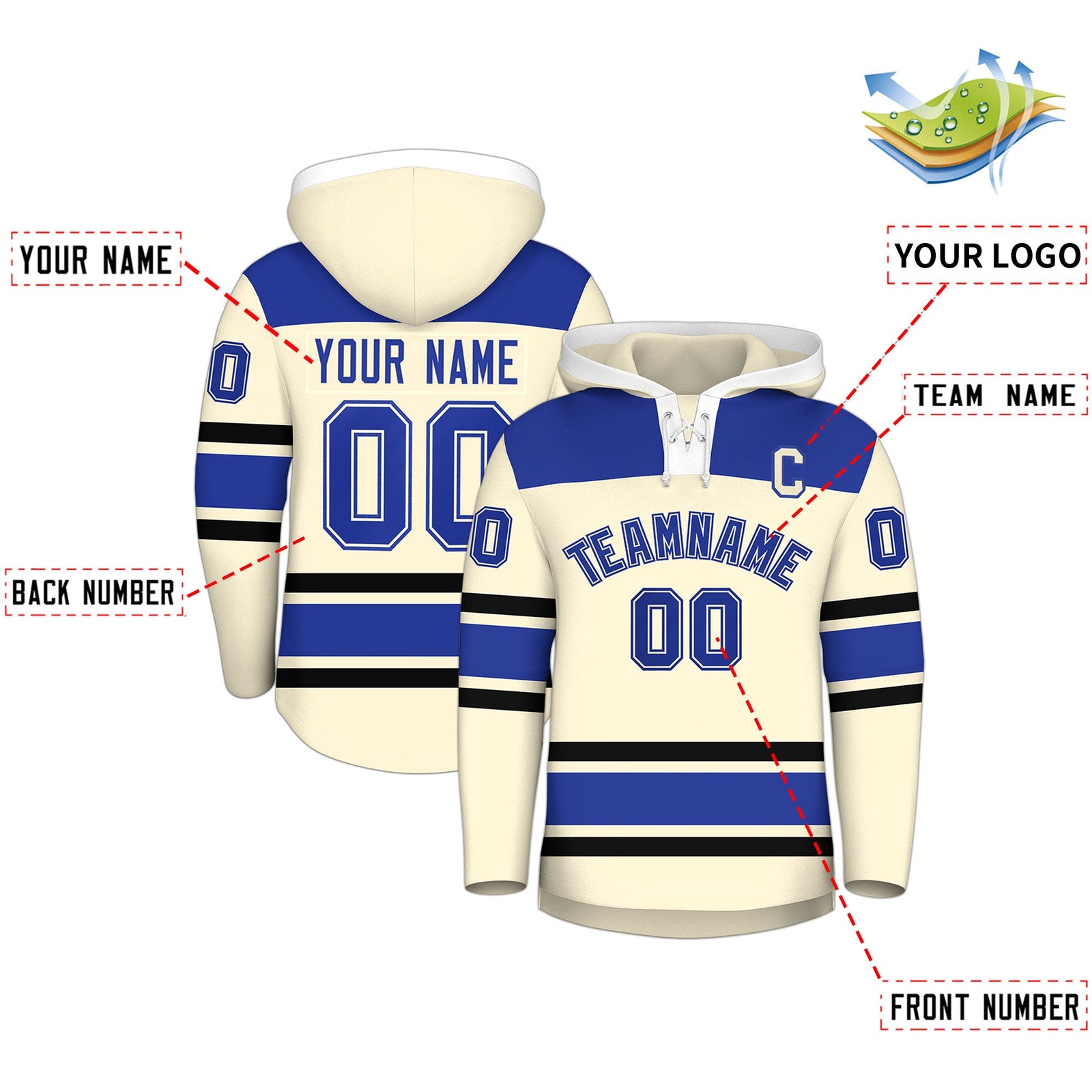 Custom Hockey Hoodie Jersey Cream Royal Blue Raglan Sleeves Lace-Up Neck Personal Name & Number & Logo