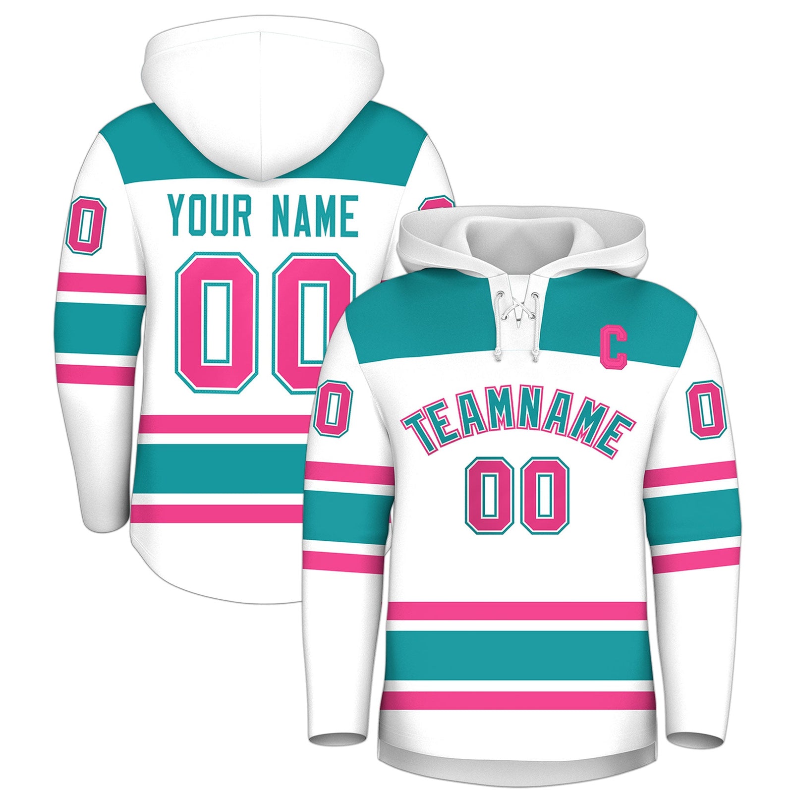 Custom Hockey Hoodie Jersey White Aqua Raglan Sleeves Lace-Up Neck Personal Name & Number & Logo