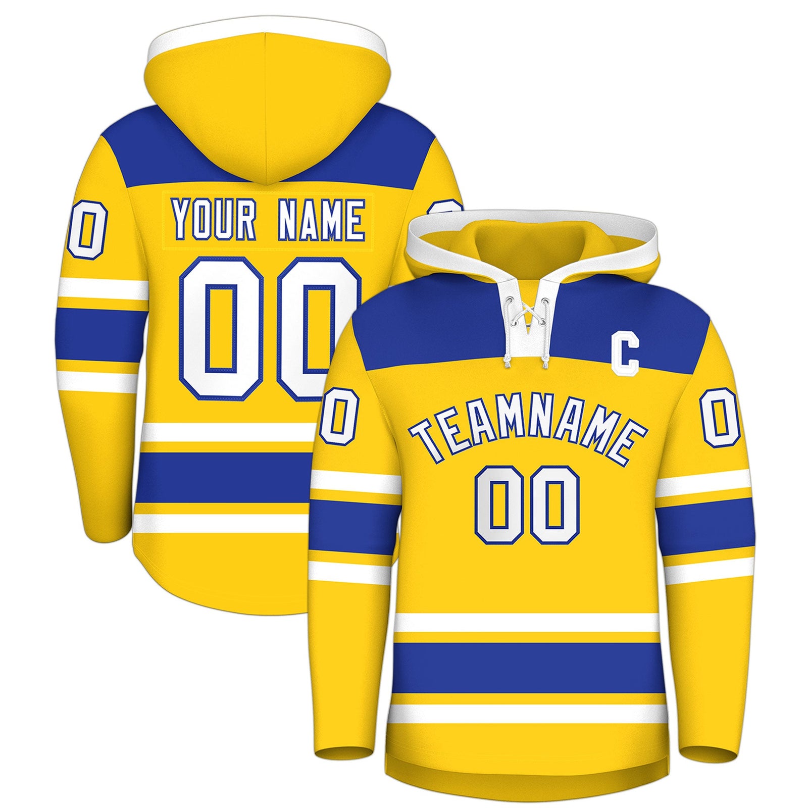 Custom Hockey Hoodie Jersey Gold Royal Blue Raglan Sleeves Lace-Up Neck Personalized Jersey for Men & Youth