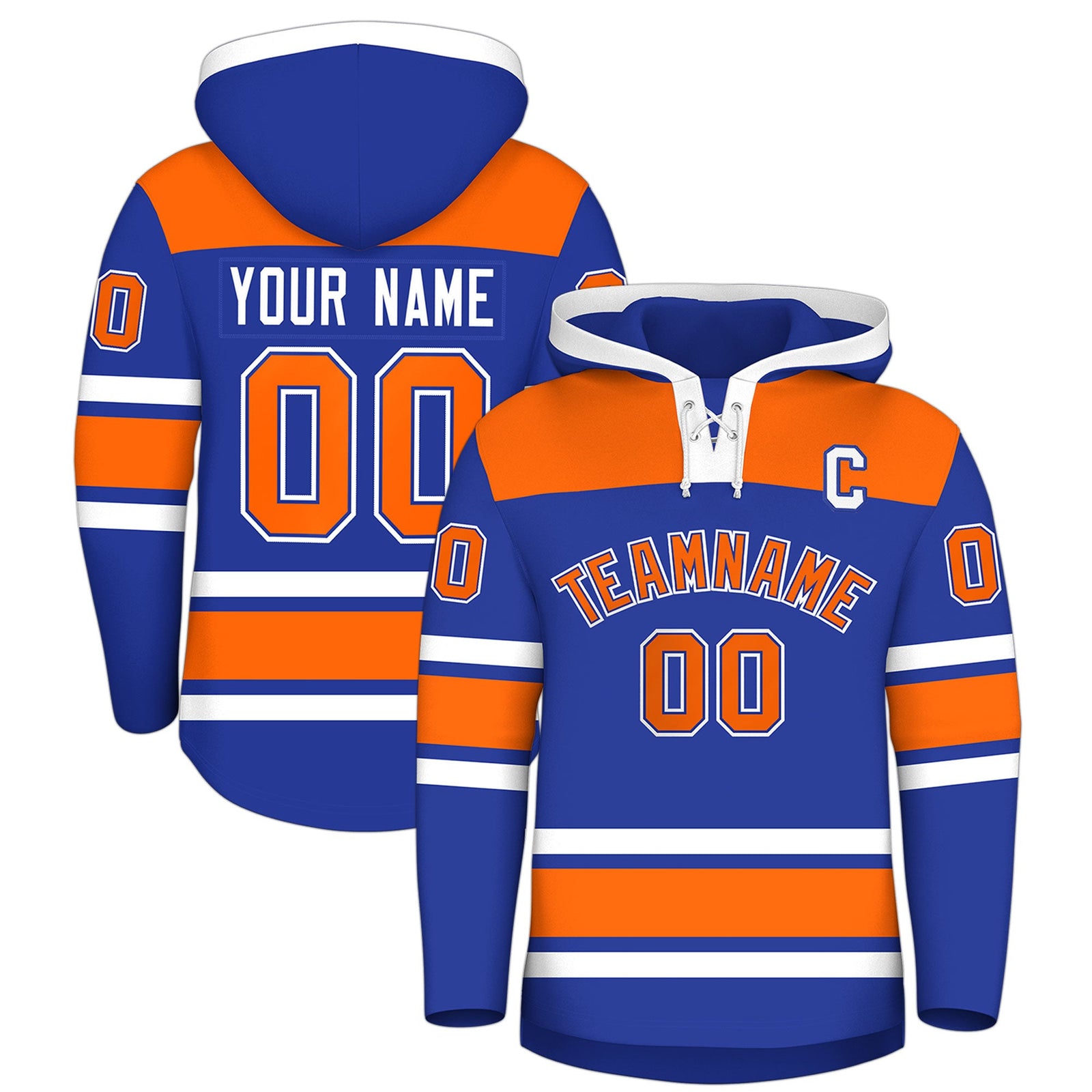 Custom Hockey Hoodie Jersey Royal Blue Orange Raglan Sleeves Lace-Up Neck Personal Name & Number & Logo