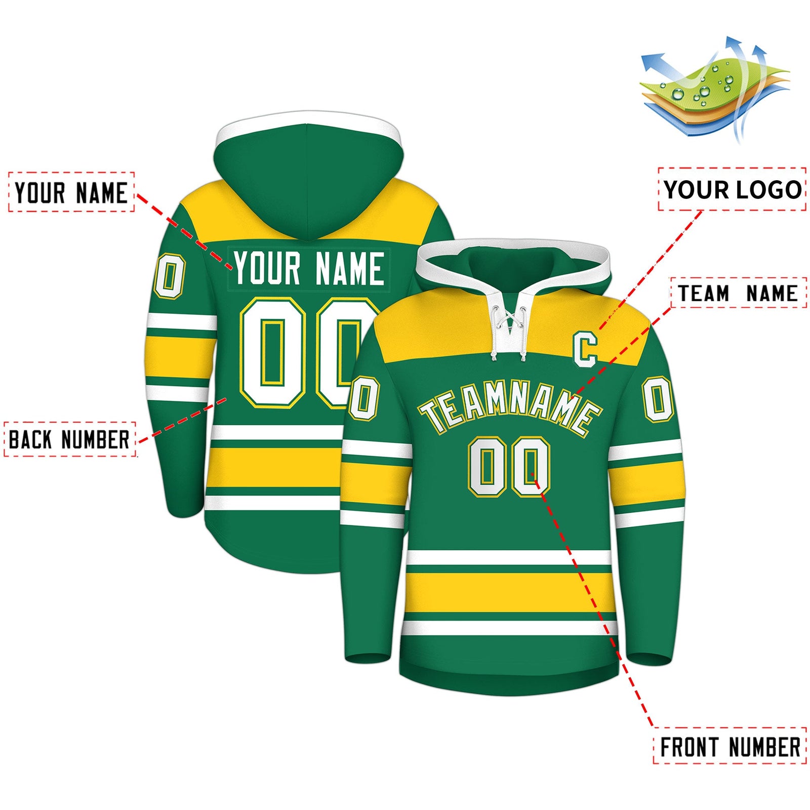 Custom Hockey Hoodie Jersey Kelly Green Gold Raglan Sleeves Lace-Up Neck Personalized Jersey for Men & Youth