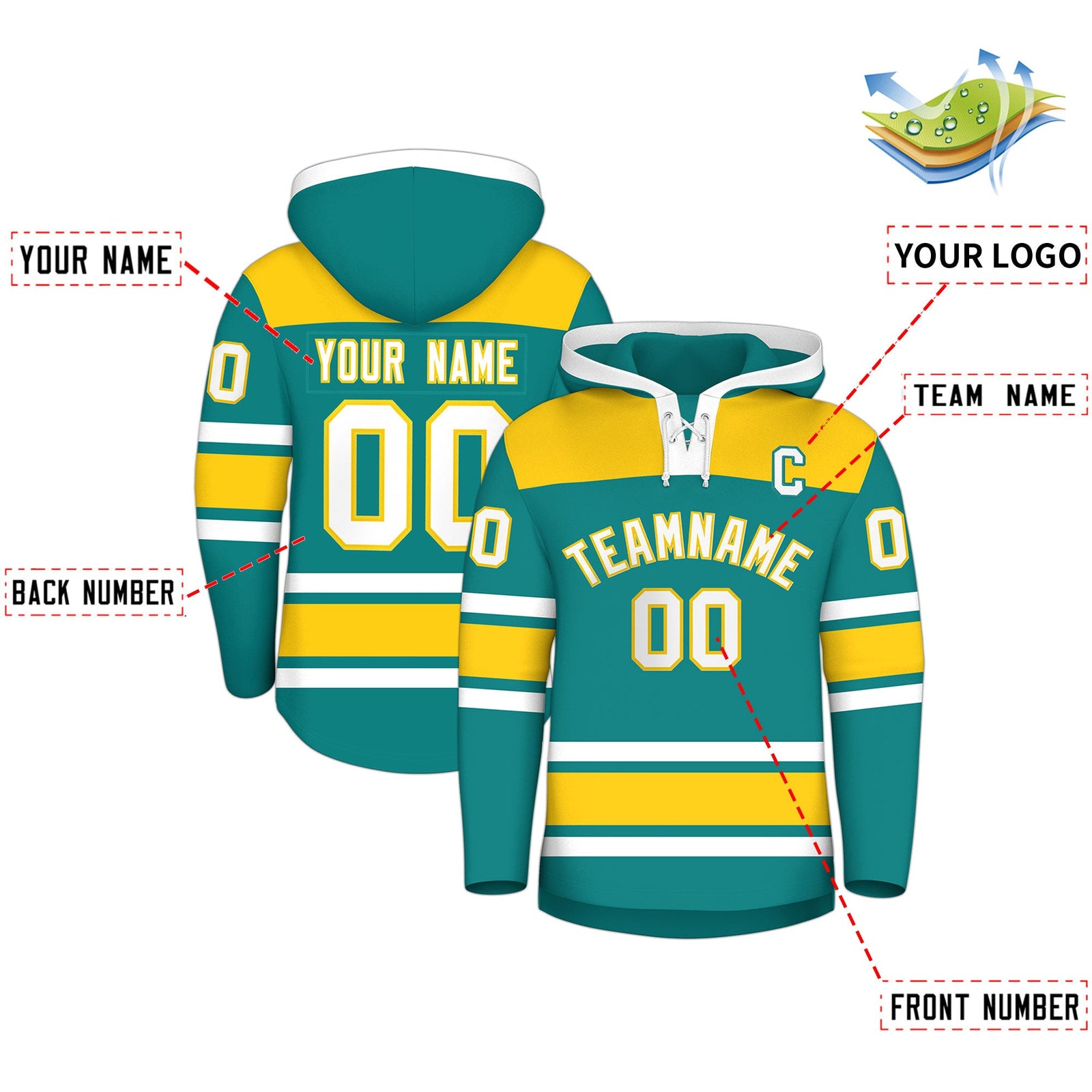 Custom Hockey Hoodie Jersey Teal Gold Raglan Sleeves Lace-Up Neck Personal Name & Number & Logo