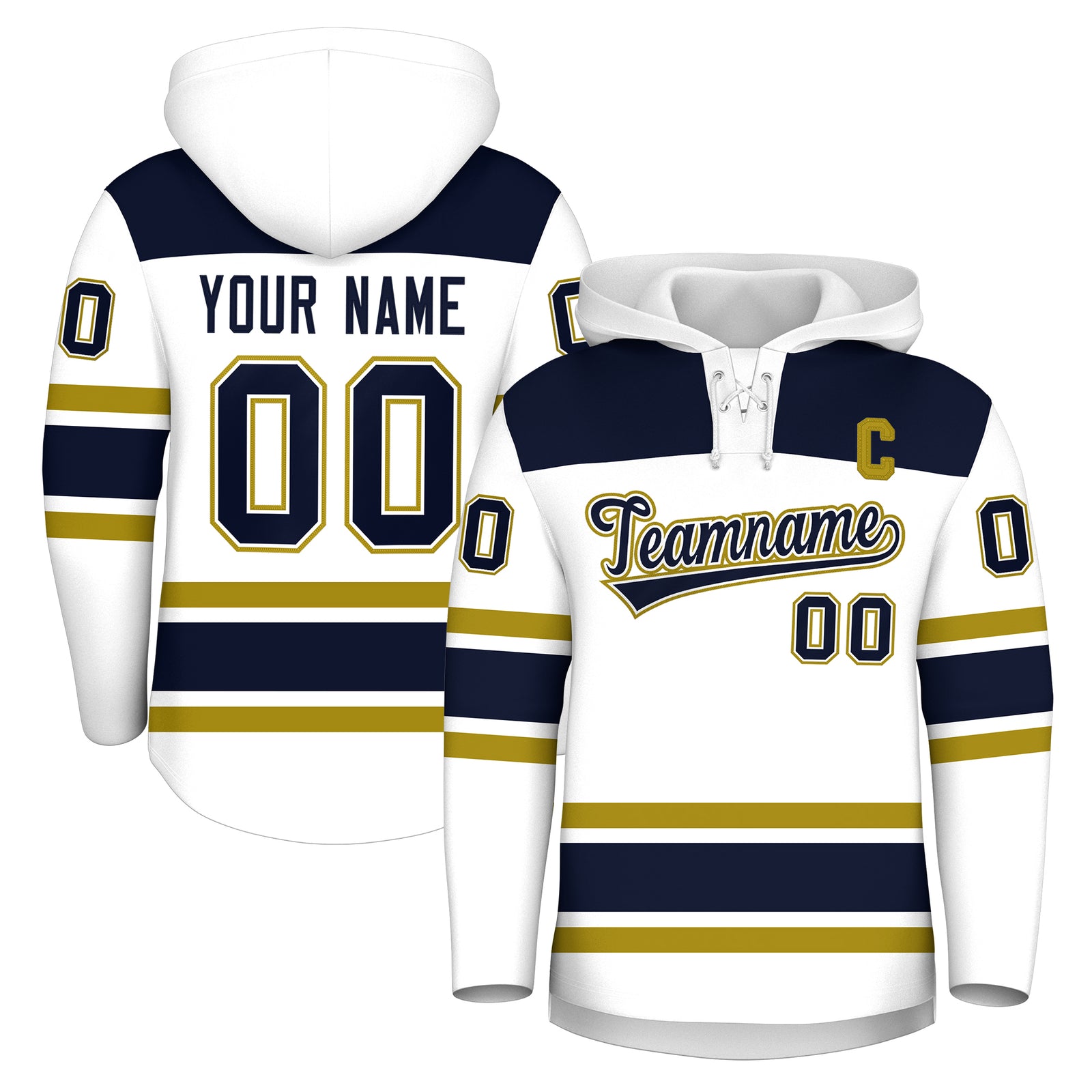 Custom Hockey Hoodie Jersey White Navy Raglan Sleeves Lace-Up Neck Personal Name & Number & Logo