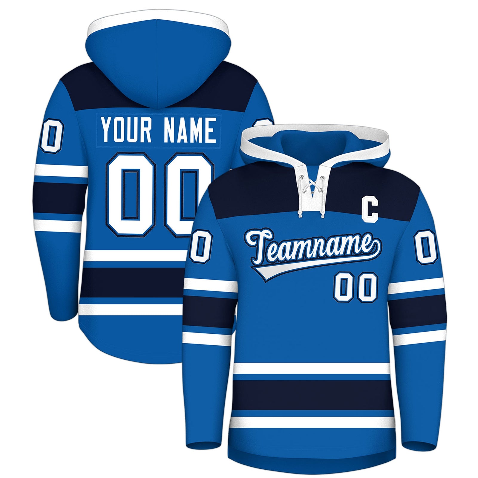 Custom Hockey Hoodie Jersey Royal Navy Raglan Sleeves Lace-Up Neck Personal Name & Number & Logo