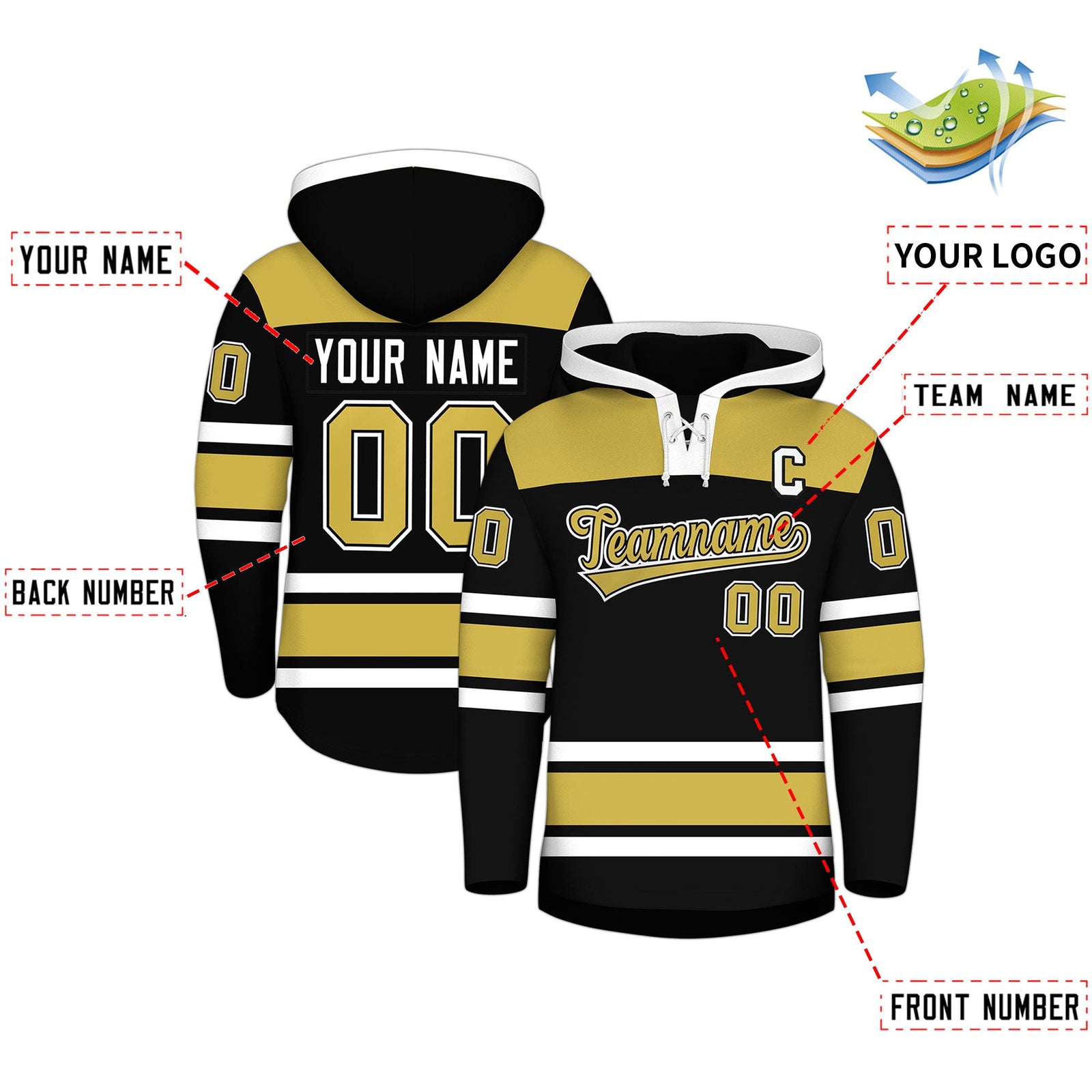 Custom Hockey Hoodie Jersey Black Old Gold Raglan Sleeves Lace-Up Neck Personal Name & Number & Logo