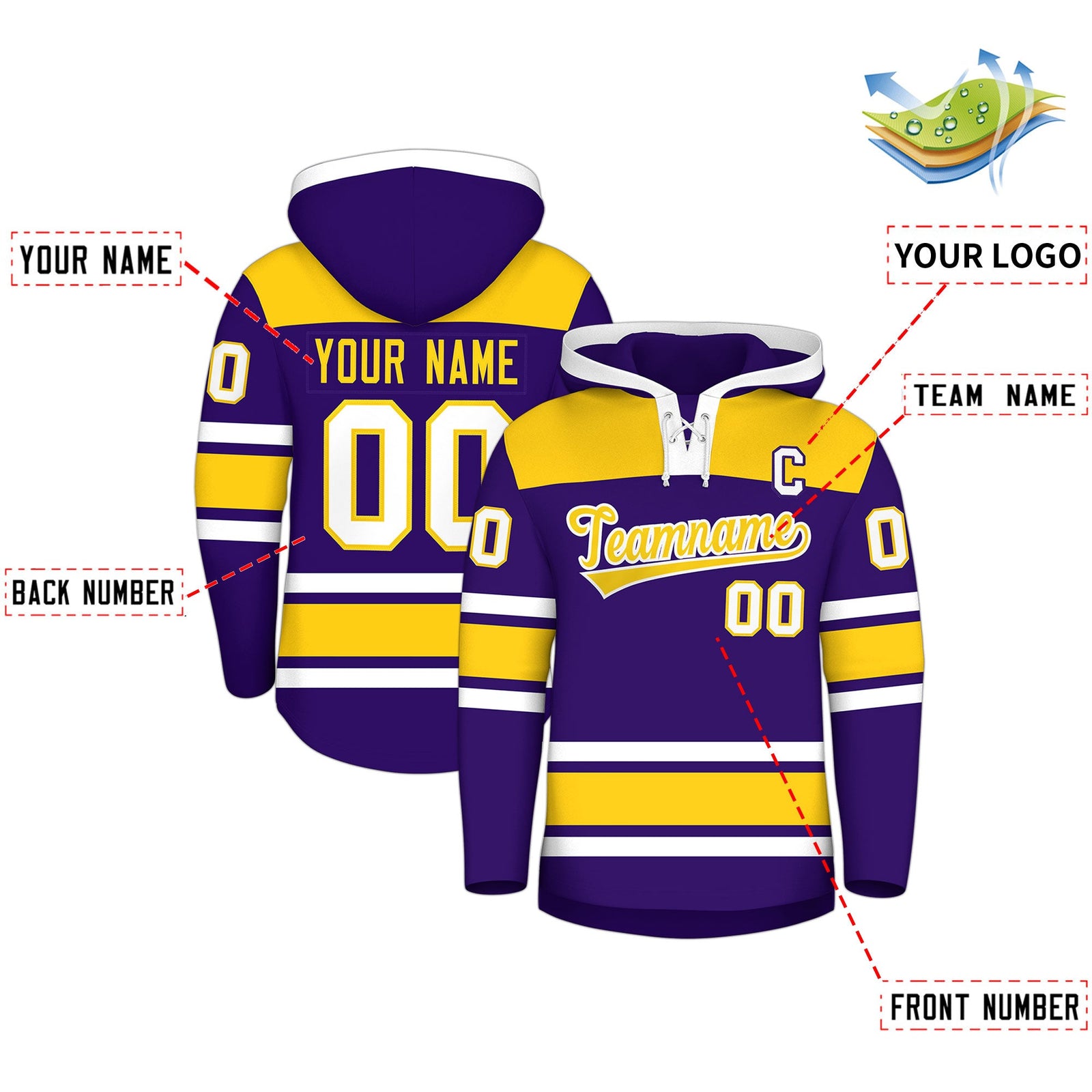 Custom Hockey Hoodie Jersey Purple Gold Raglan Sleeves Lace-Up Neck Personalized Jersey for Men & Youth