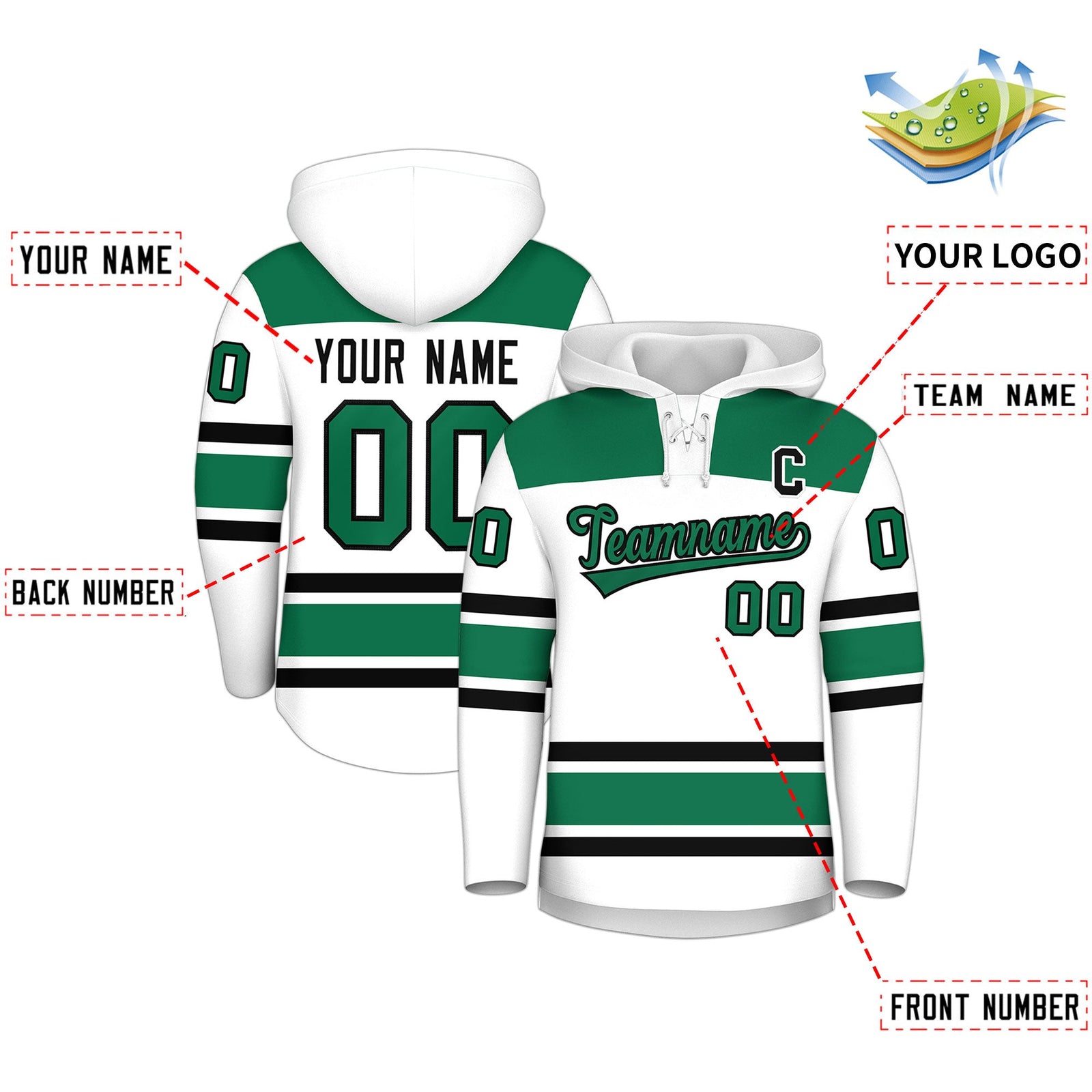 Custom Hockey Hoodie Jersey White Kelly Green Raglan Sleeves Lace-Up Neck Personalized Jersey for Men & Youth