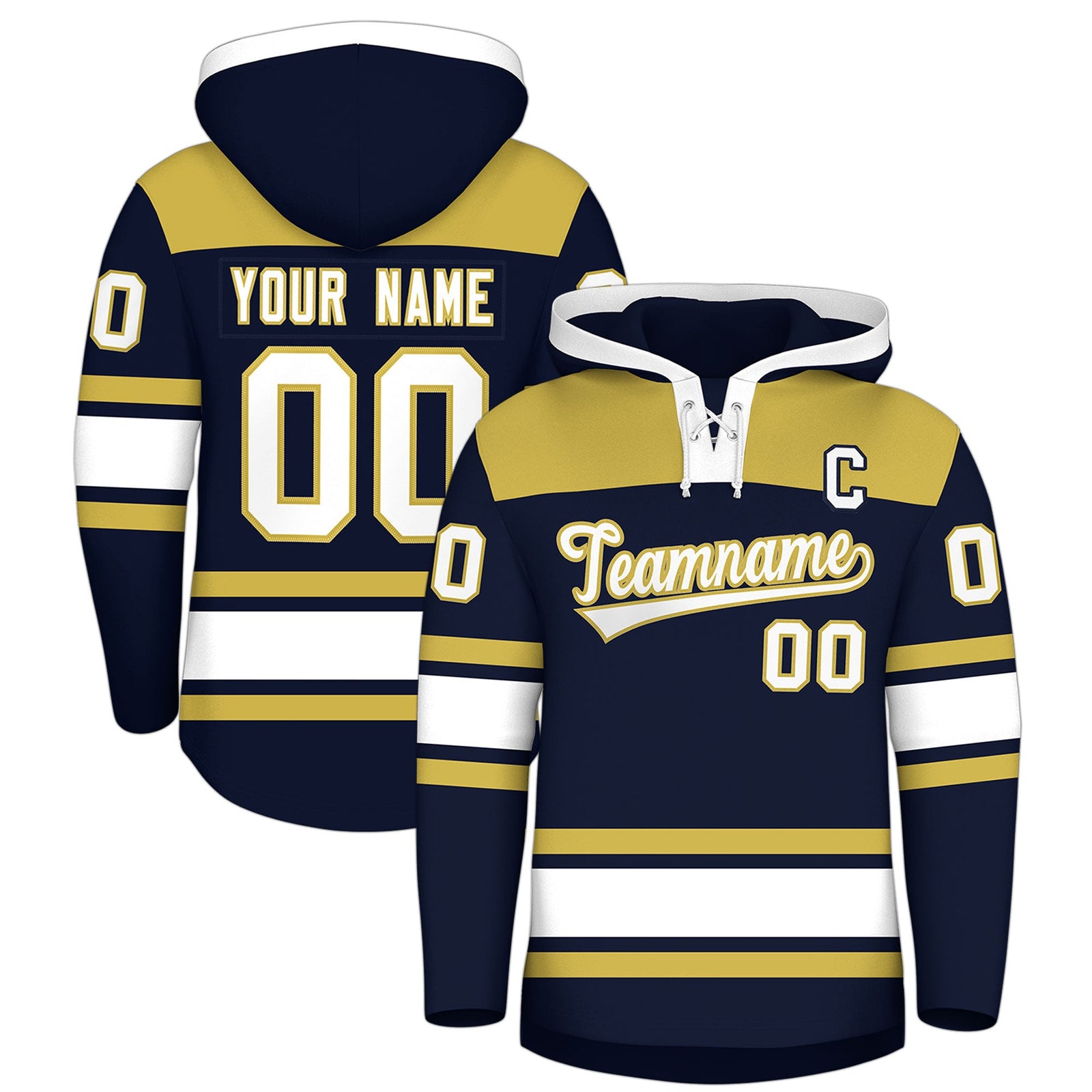 Custom Hockey Hoodie Jersey Navy Old Gold Raglan Sleeves Lace-Up Neck Personalized Jersey for Men & Youth