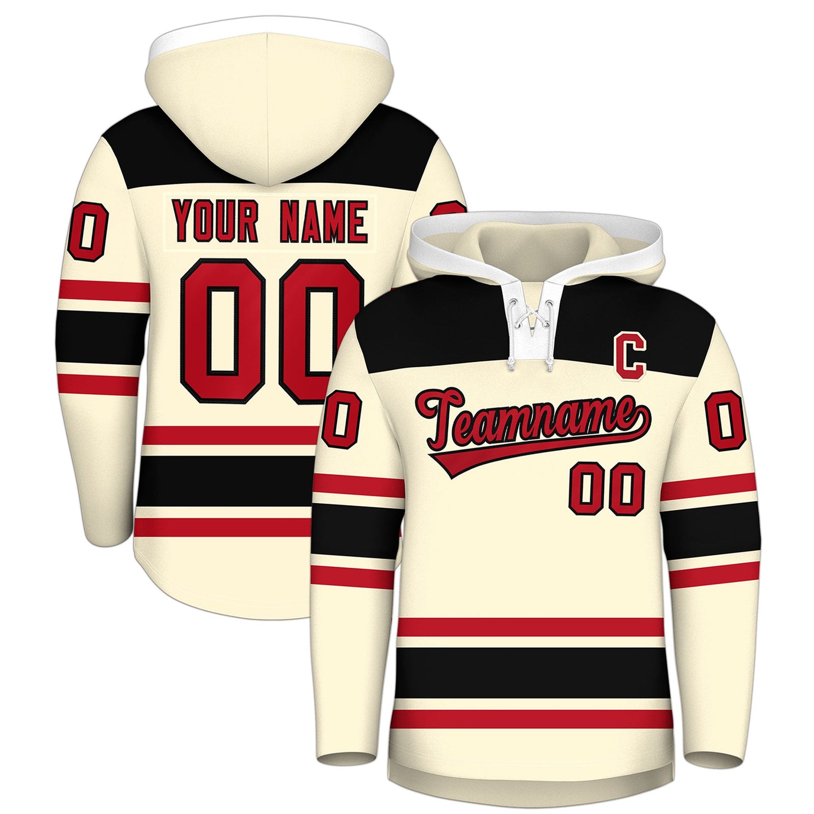 Custom Hockey Hoodie Jersey Cream Black Raglan Sleeves Lace-Up Neck Personal Name & Number & Logo