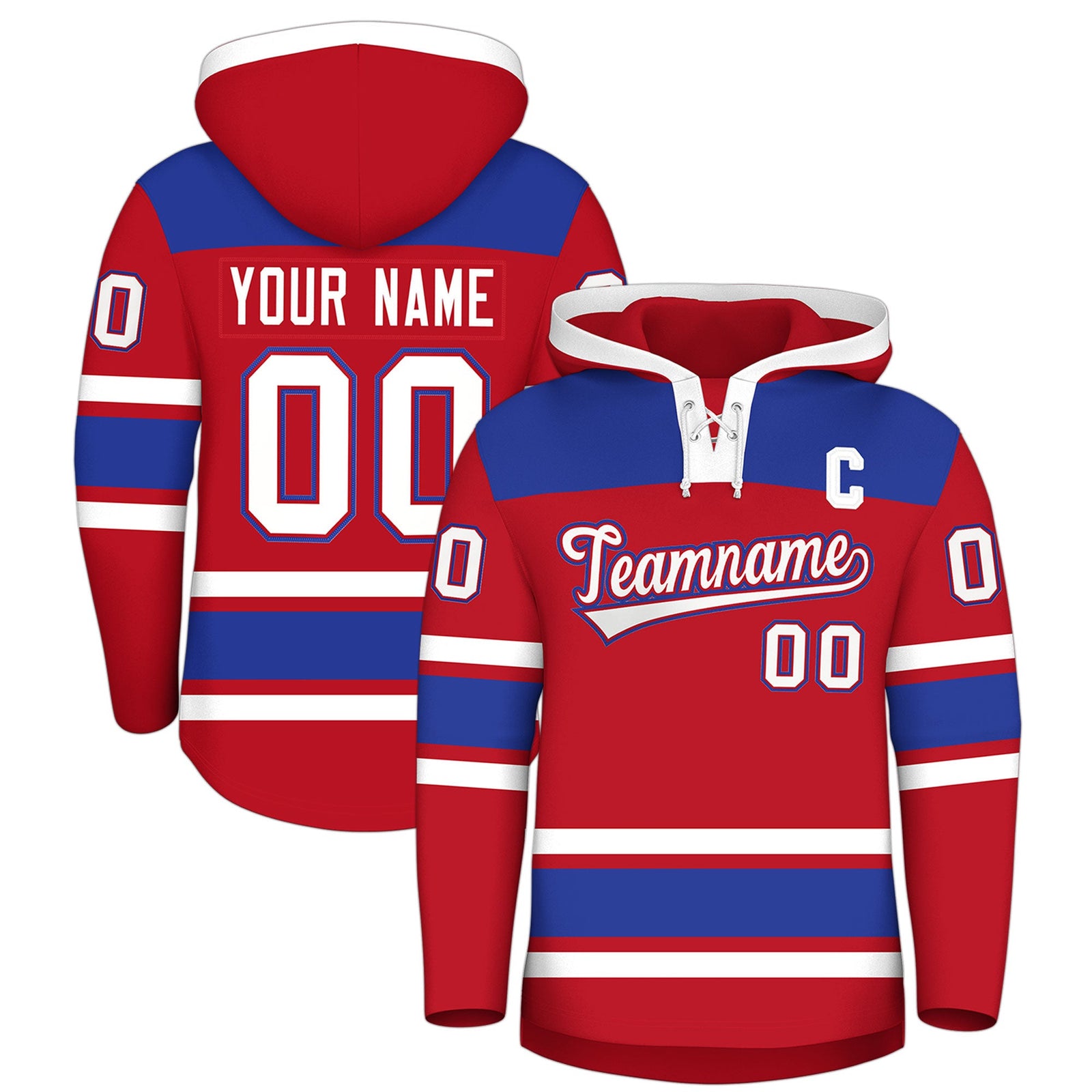 Custom Hockey Hoodie Jersey Red Royal Blue Raglan Sleeves Lace-Up Neck Personalized Jersey for Men & Youth