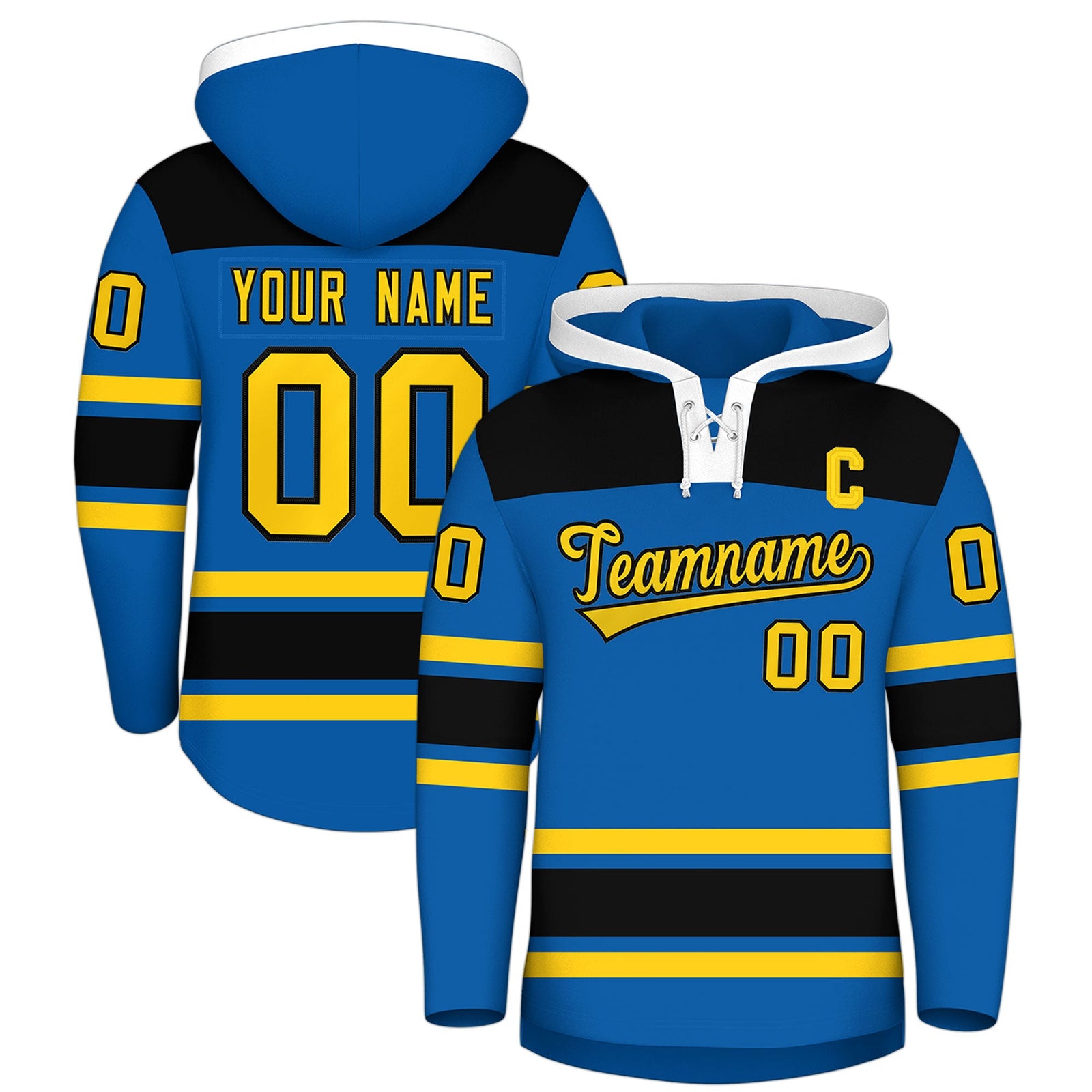 Custom Hockey Hoodie Jersey Royal Black Raglan Sleeves Lace-Up Neck Personalized Jersey for Men & Youth