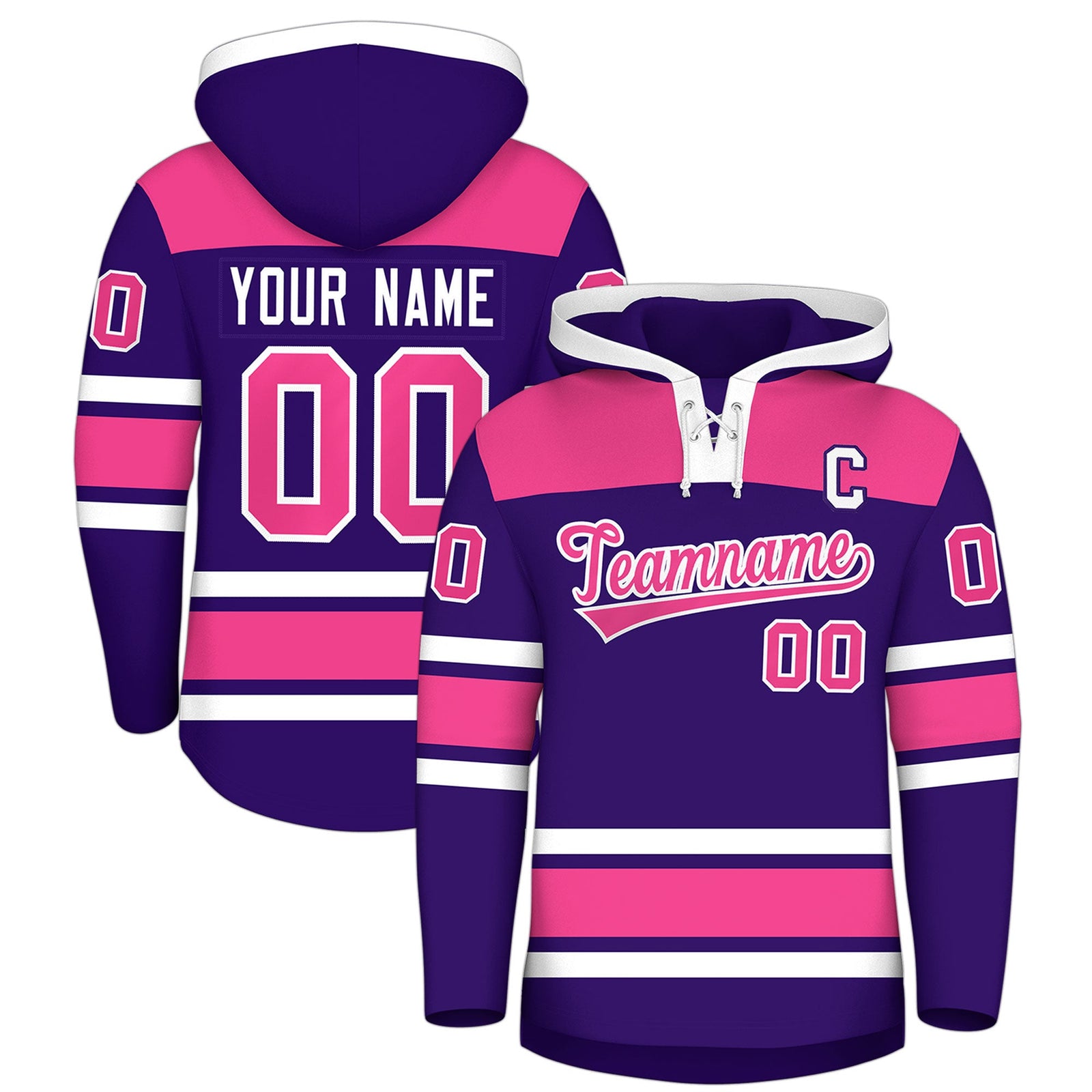 Custom Hockey Hoodie Jersey Purple Pink Raglan Sleeves Lace-Up Neck Classic Team Colors Hoodie