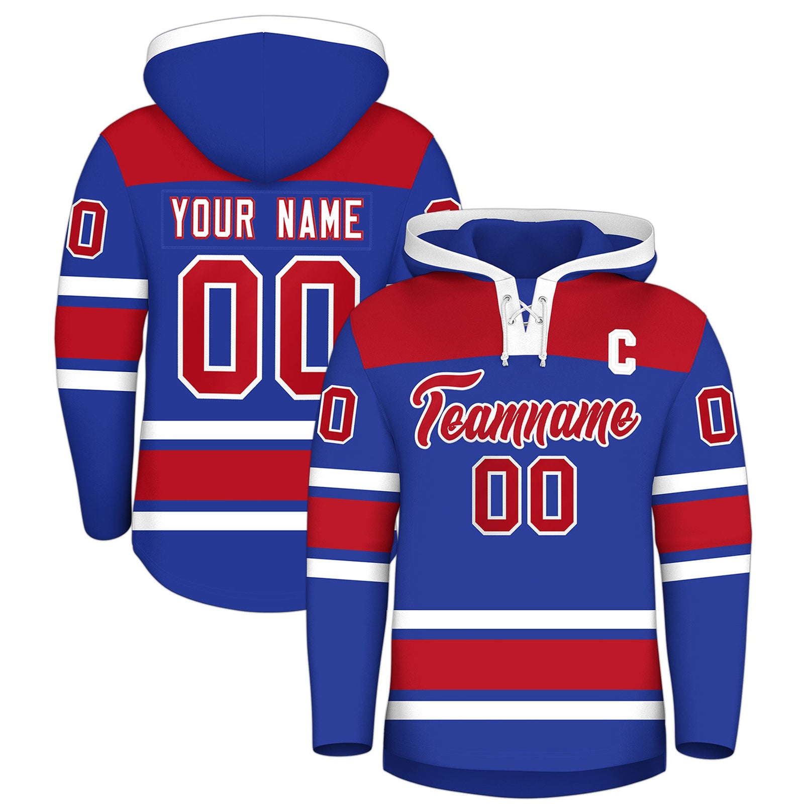 Custom Hockey Hoodie Jersey Royal Blue Red Raglan Sleeves Lace-Up Neck Personal Name & Number & Logo