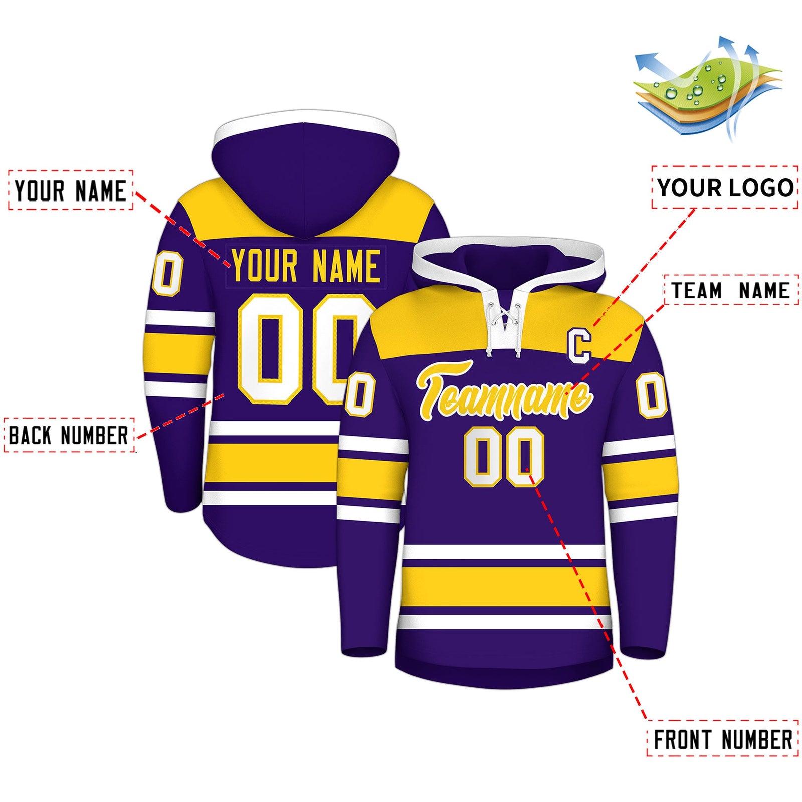 Custom Hockey Hoodie Jersey Purple Gold Raglan Sleeves Lace-Up Neck Personalized Jersey for Men & Youth