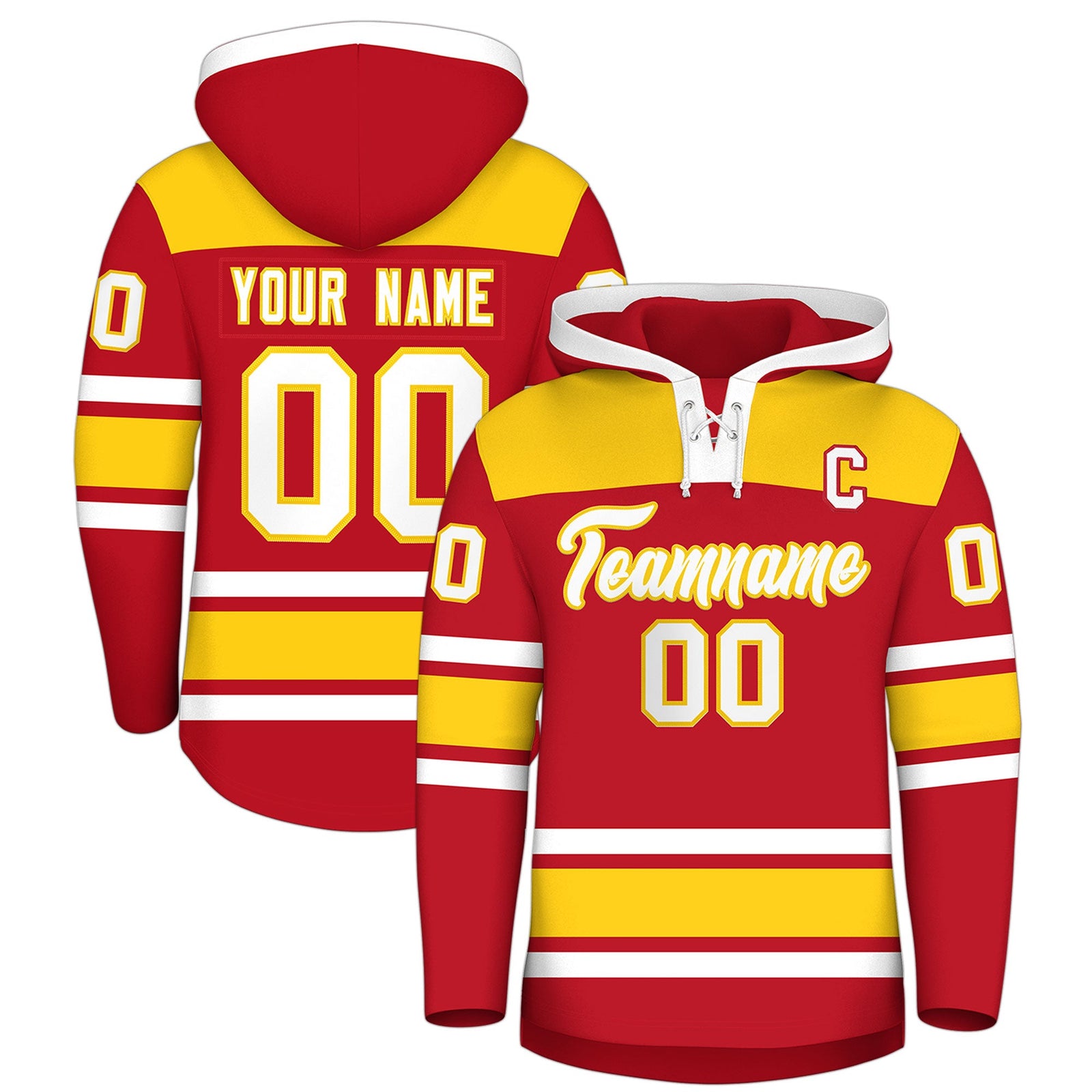 Custom Hockey Hoodie Jersey Red Gold Raglan Sleeves Lace-Up Neck Personalized Jersey for Men & Youth