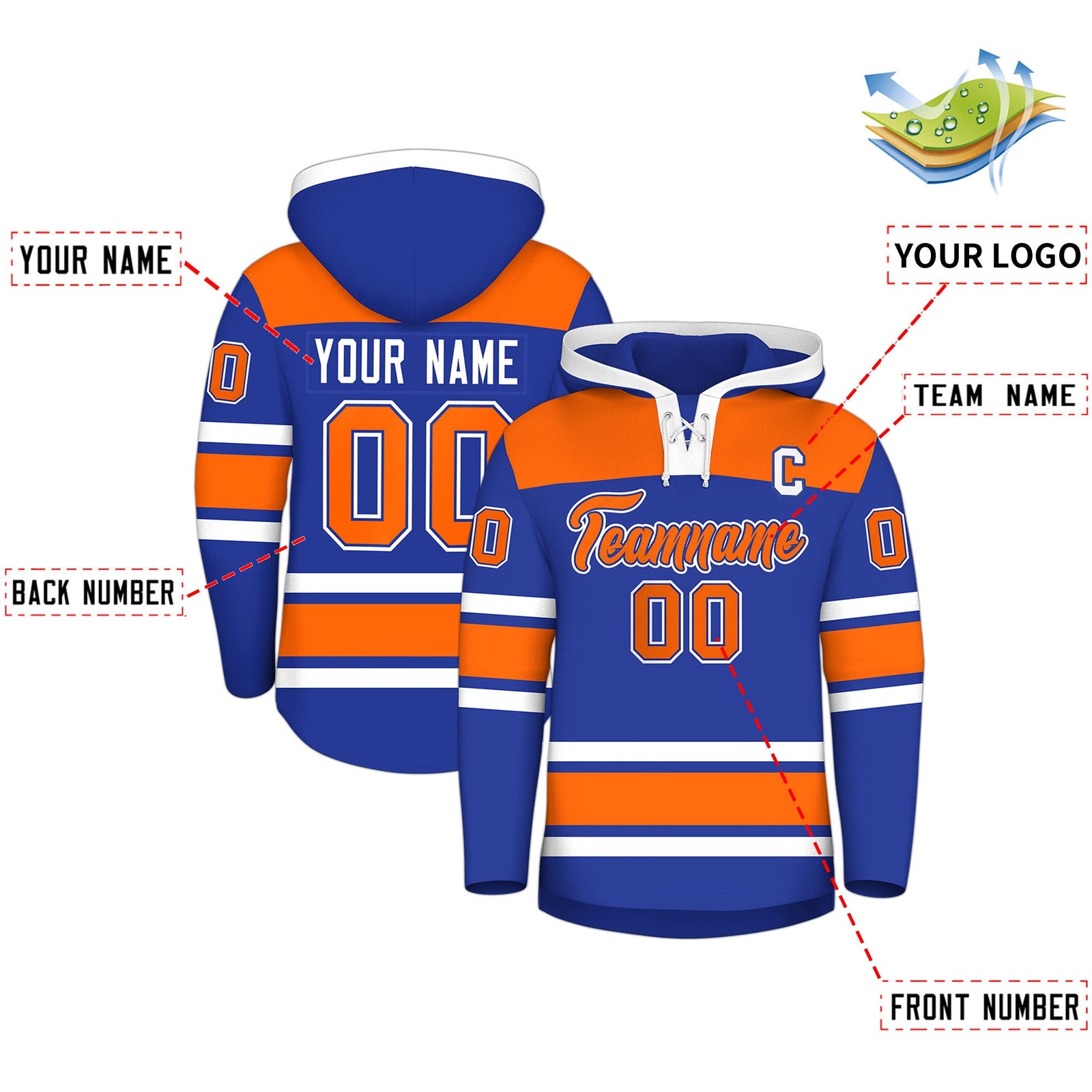 Custom Hockey Hoodie Jersey Royal Blue Orange Raglan Sleeves Lace-Up Neck Classic Team Colors Hoodie