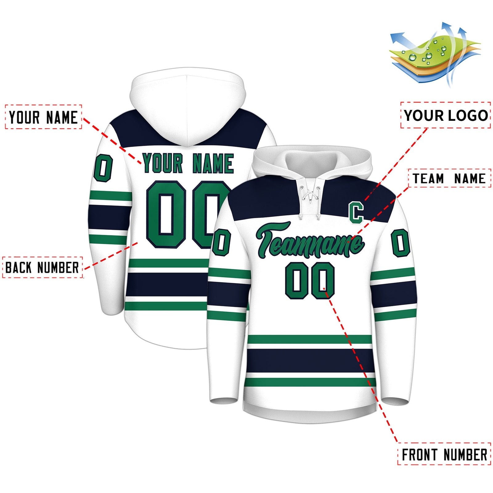Custom Hockey Hoodie Jersey White Navy Raglan Sleeves Lace-Up Neck Classic Team Colors Hoodie